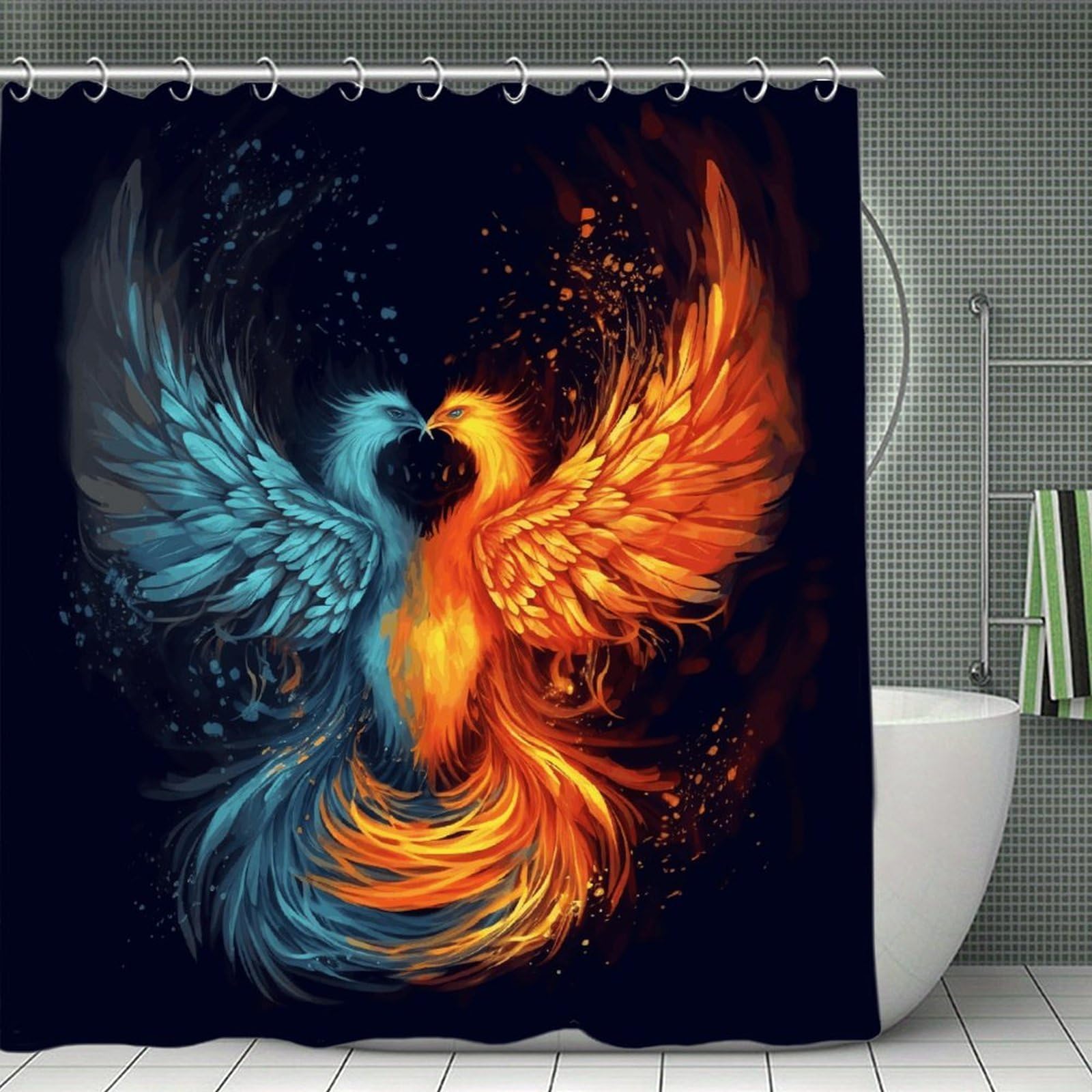 FekiLoot Fire and Water Phoenix Shower Curtain with Hooks Modern Farmhouse Bathroom Curtain Waterproof Cloth Bath Curtains Cute Washable Blackout Privacy Curtains for Bathroom Bathtub 70.8"x70.8"