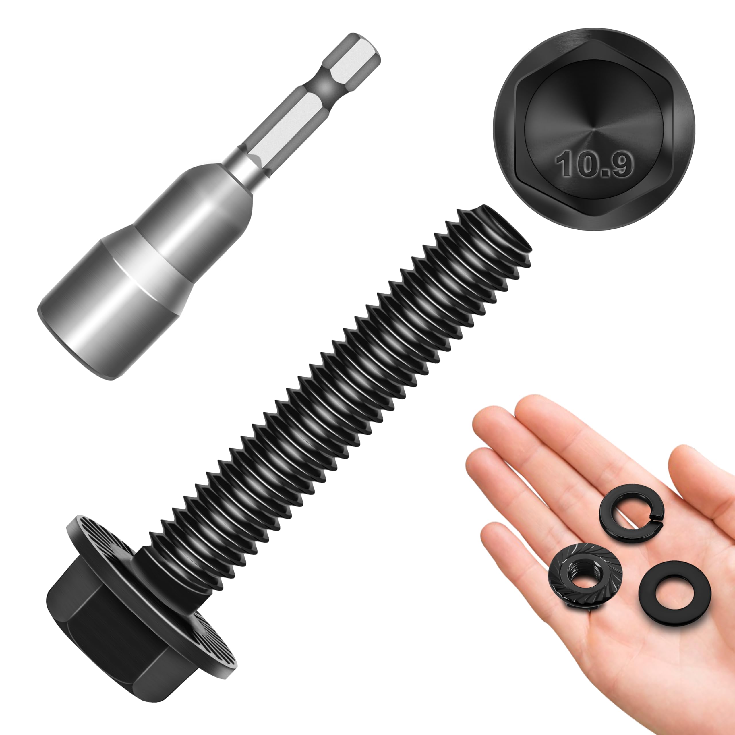 M6x1.0 Bolt (10 Sets) M6 x 20mm Flanged Hex Head Nuts and Bolts, M6 Bolt Flange Hexagon Screws with Nuts and Washers, Black M6 Screws Grade 10.9 Alloy