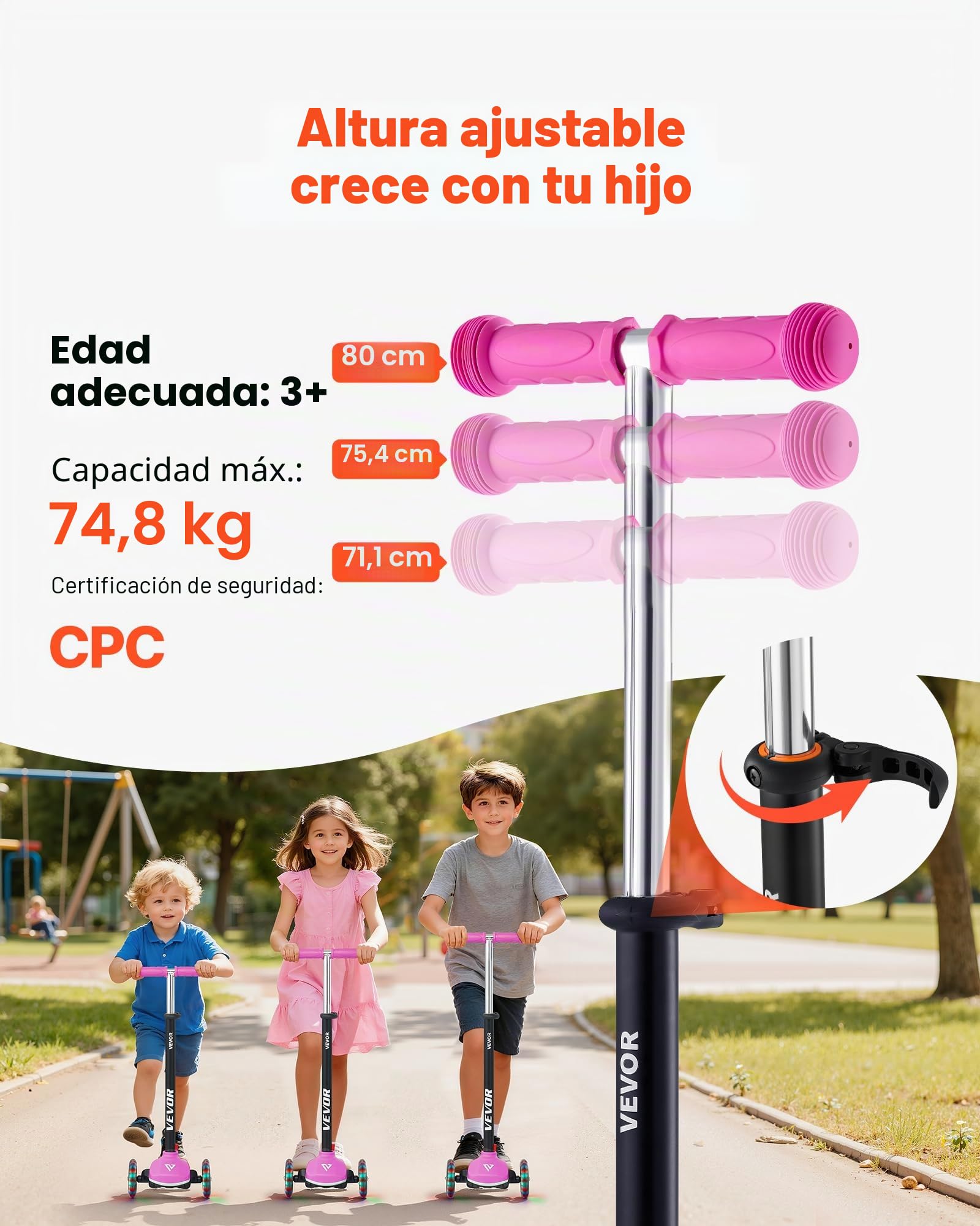 VEVOR Patinete 3 Ruedas, para Niños de 3 Años en Adelante, Ruedas Iluminadas, Manillar de Altura Ajustable, Base Antideslizante y Cuadro de Aluminio Ligero, hasta 75 kg, Rosa, 520 x 250 x 800 mm