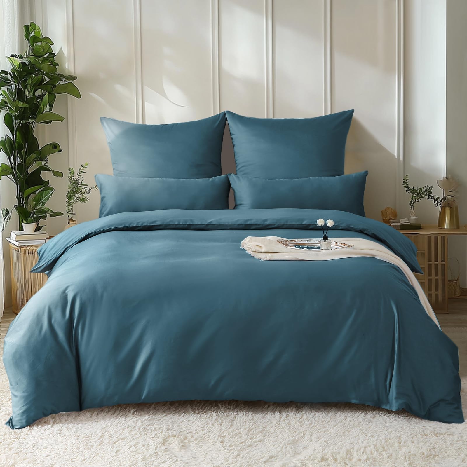 SOULFUL Satin Bettwäsche 200x200 Baumwolle Kühlend, Oeko-Tex, Pfauenblau