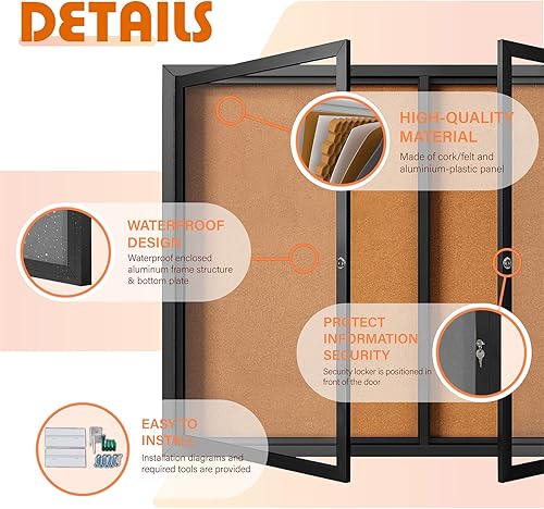 Miniatura 4 de Tablón de anuncios cerrado para exteriores con puerta de bloqueo, resistente a la intemperie, corcho, marco de aluminio negro, 48 x 34 pulgadas