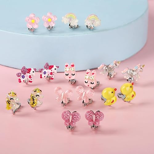Miniatura 4 de 9 pares de aretes de clip para niñas, joyas de mariposa para niñas, lindos aretes de clip de animales para niñas pequeñas, juego de aretes de