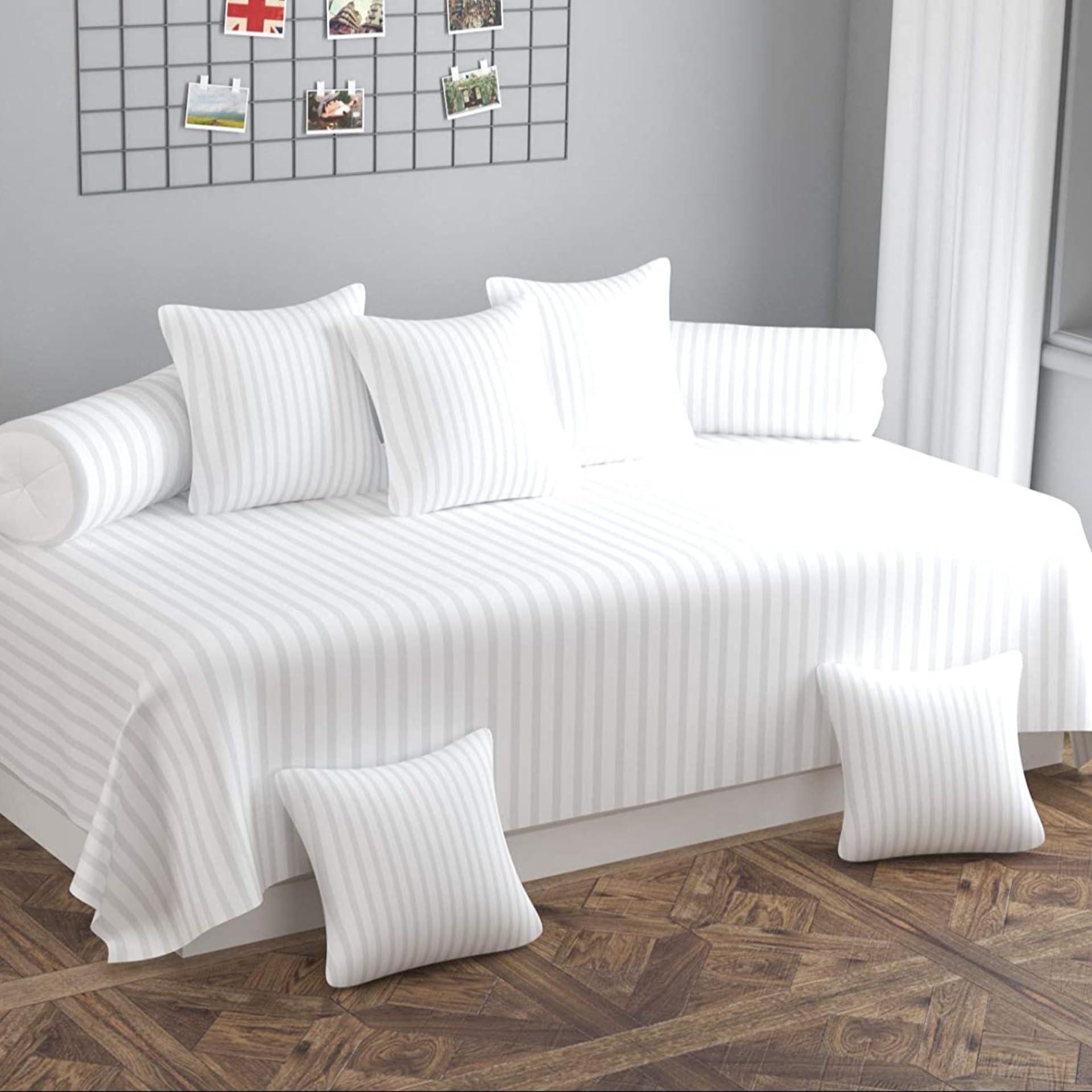 Cotton Diwan Set of 8 Pieces Set for Living Room Hall (1 Diwan Sheet (60” X 90”), 2 Bolster Cover (16” X 32”), 5 Cushion Covers (16” X 16”) (White)-picture-38