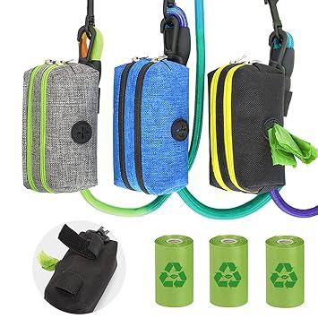 ELLONI Poop Bag Dispenser for Leash - Dog Poop Bag Holder Fabric with 2 Zipper - Dog Waste Bag Dispenser Wall Mount,Velcro Pet Pouch with Clips, 1 Roll Free Poop Bags, Outdoor Walking Dog , 3 Pack