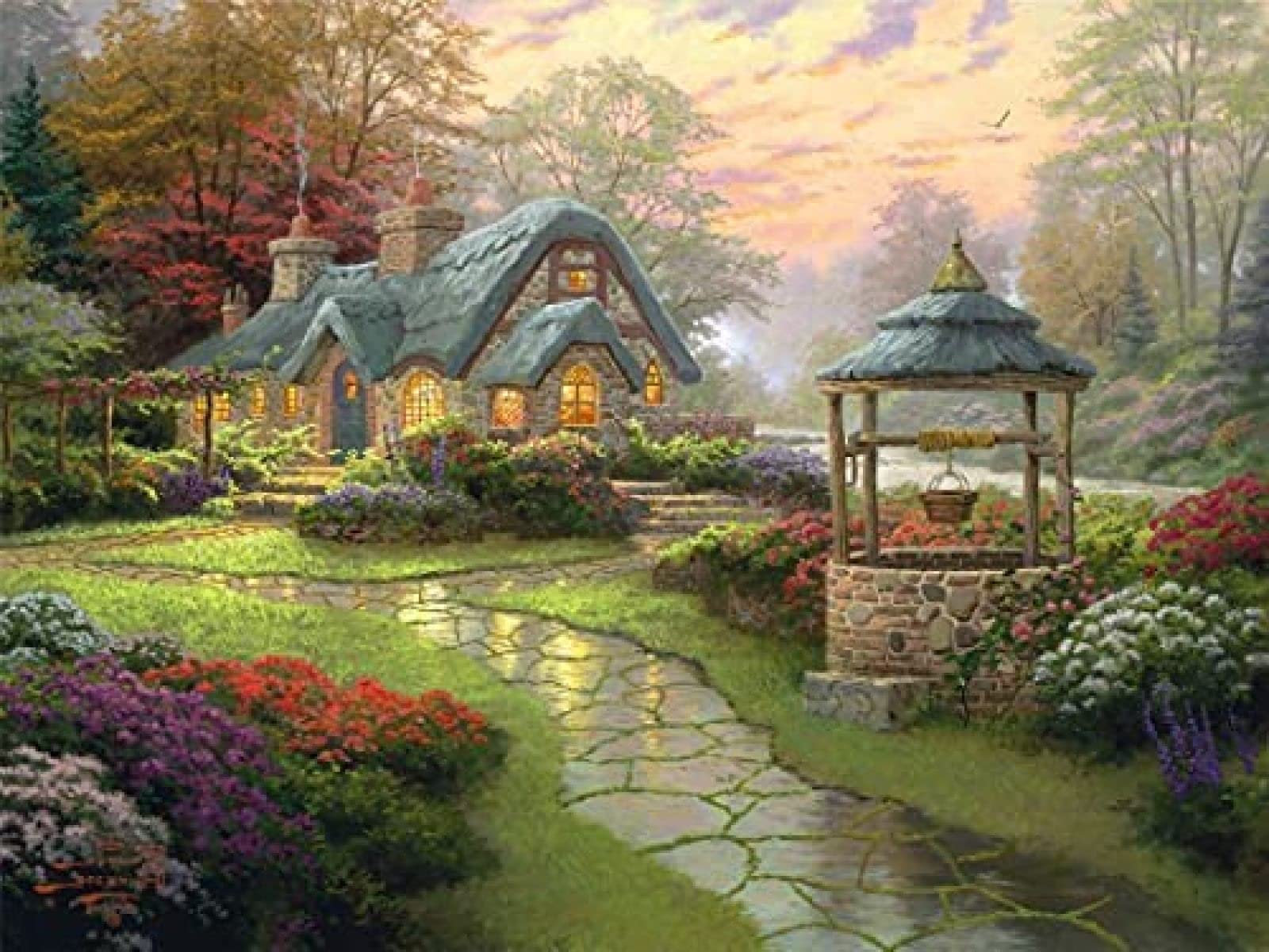 EPTIC DIY 5D Diamond Painting by Number Kits, Full Drill Crystal Rhinestone Embroidery Craft for Home Wall Decoration - Thomas Kinkade Forest Landscape Painting 40x50CM