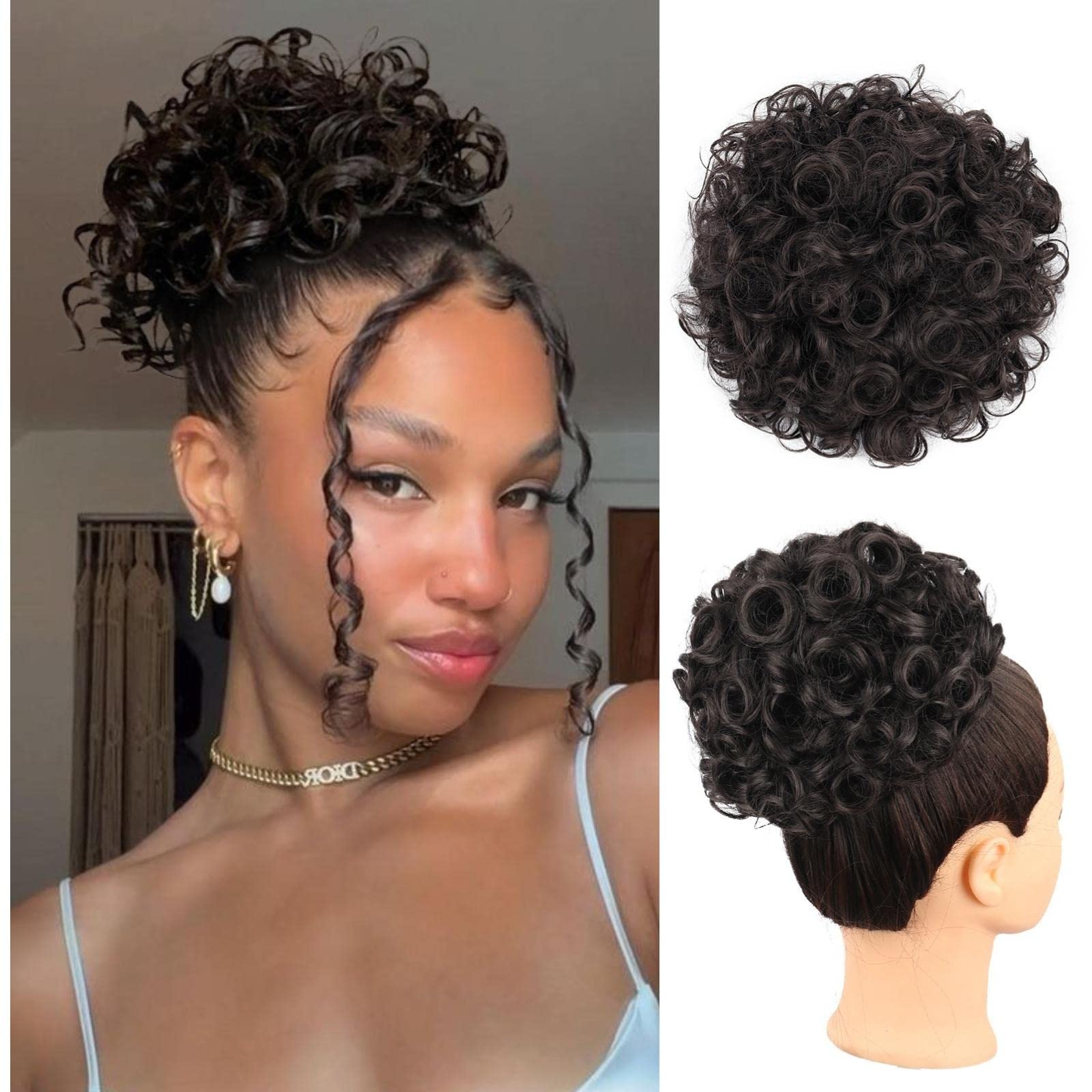 Photo 1 of #2 Hair Buns Hair Piece Clip in Hair Bun Extension Fake Bun Hair Pieces for Women Natural Black Messy Bun Hair Clip on Ponytails Drawstring Ponytail for Black Women Large Messy Curly Bun Wig