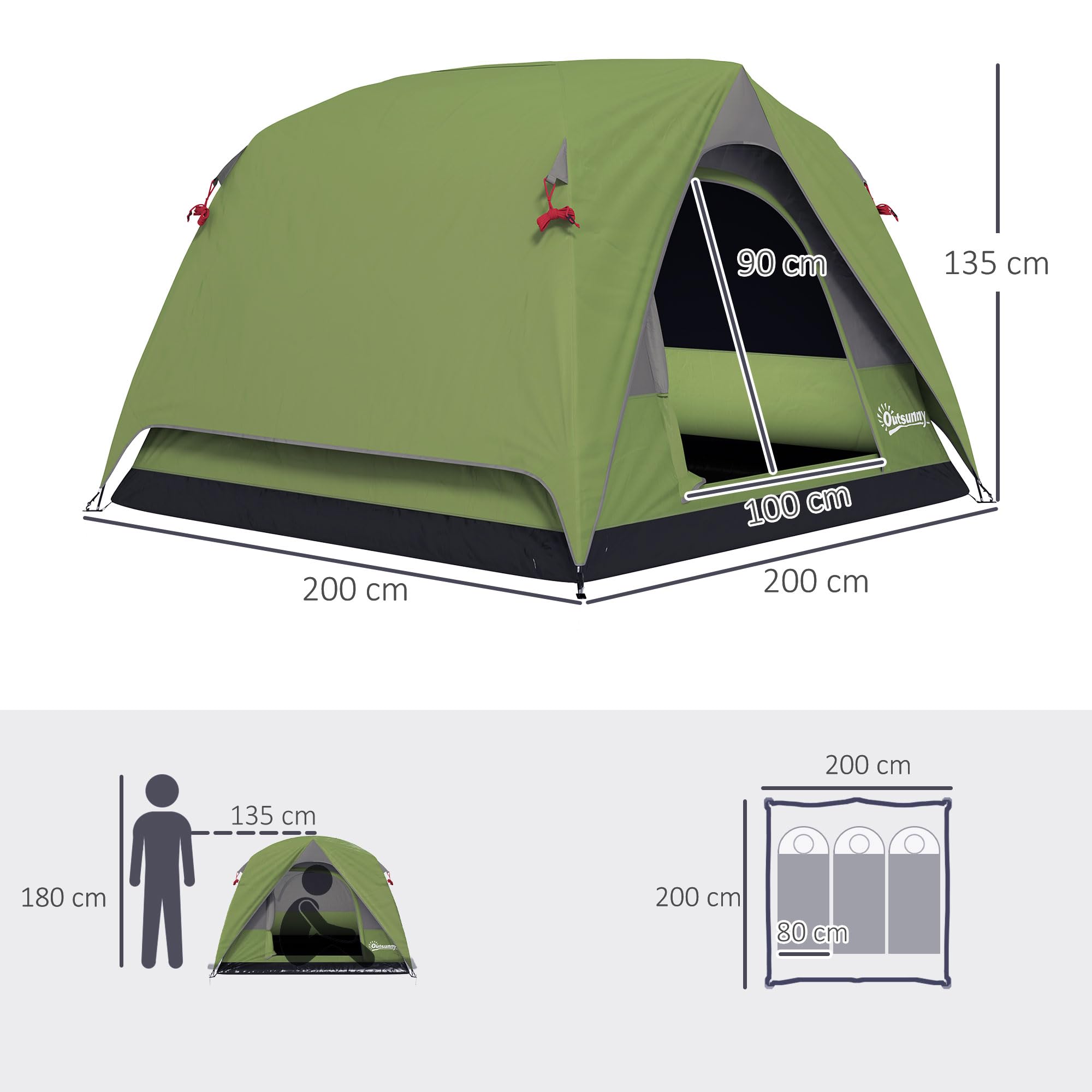Outsunny Tienda de Campaña para 2-4 Personas Tienda de Camping Plegable con Puerta Ventanas de Malla Bolsillo Gancho y Bolsa de Transporte Impermeable Fácil Instalación para Senderismo