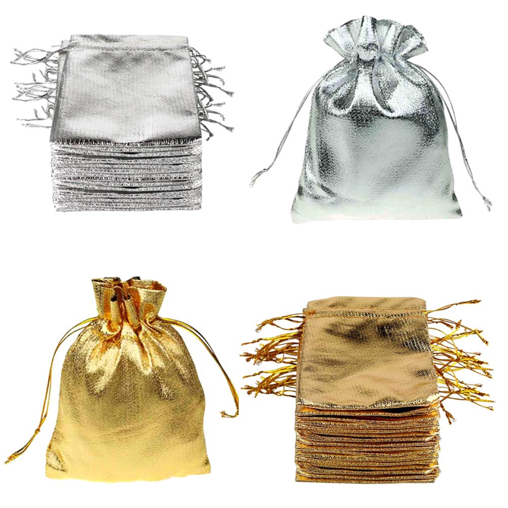 100 Stück Weihnachtstüten Schmuckbeutel Drawstring BagsGeschenktüten Gold und Silber Säckchen Süßigkeiten,Schmuck,Party Wedding Favor,Halloween Taschen 9x12cm