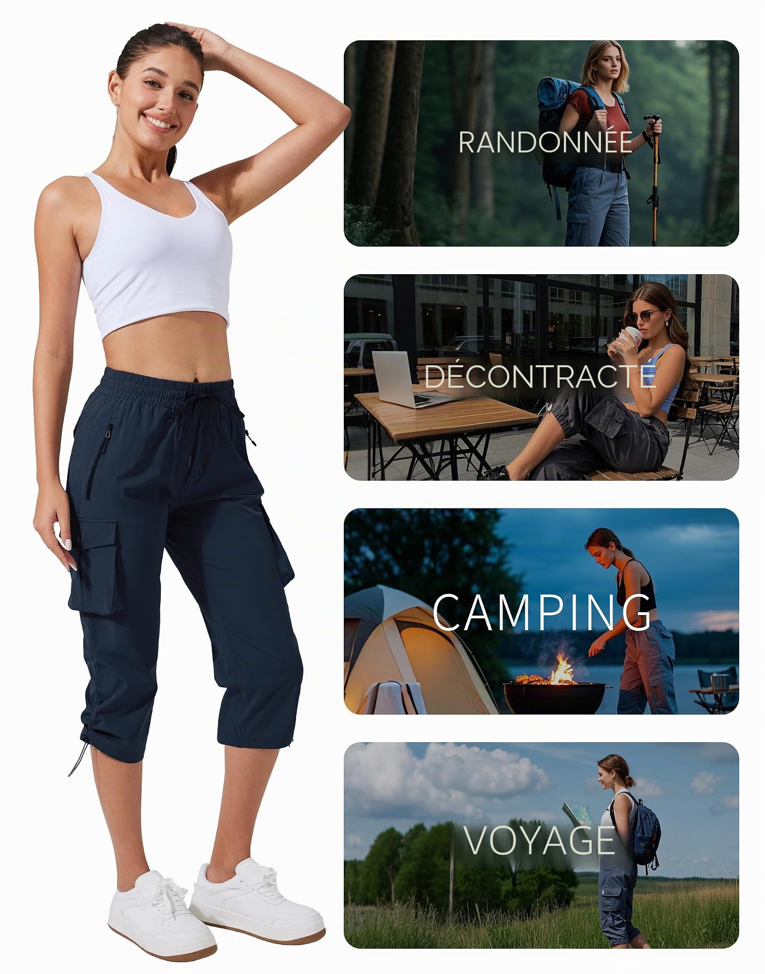 Pioneer Camp Pantacourt Femme Été Leicht Pantalons 3/4 Cargo Occasionnel Pantalon Corsaire Ceinture Élastique Capri RandonnéE avec 6 Poches