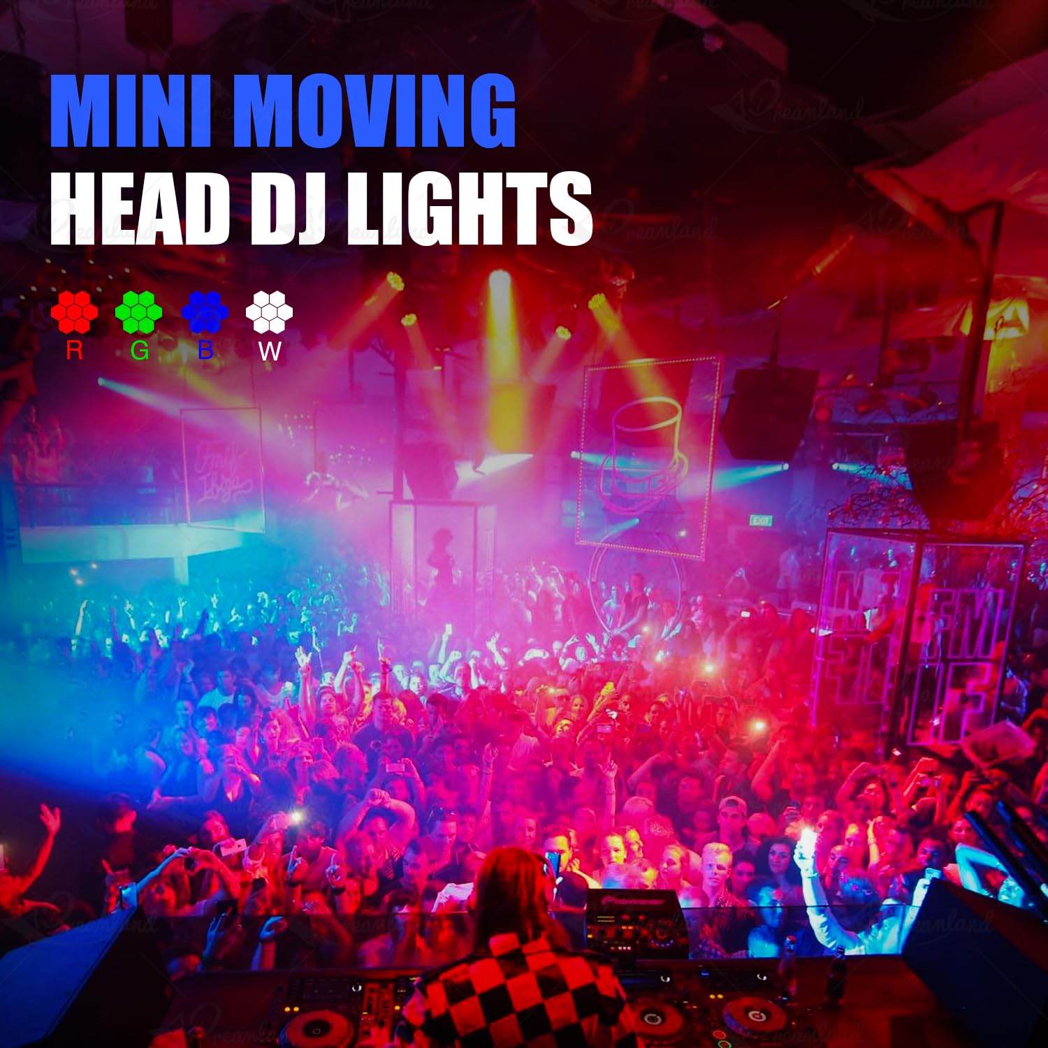 Dreamland Mini lampes DJ à tête mobile 7 x 40 W RGBW 4 en 1 - Faisceau zoom - Effet d'éclairage de scène avec son DMX - Contrôle automatique - Pour fêtes, club, concert, mariage, discothèque, Noël