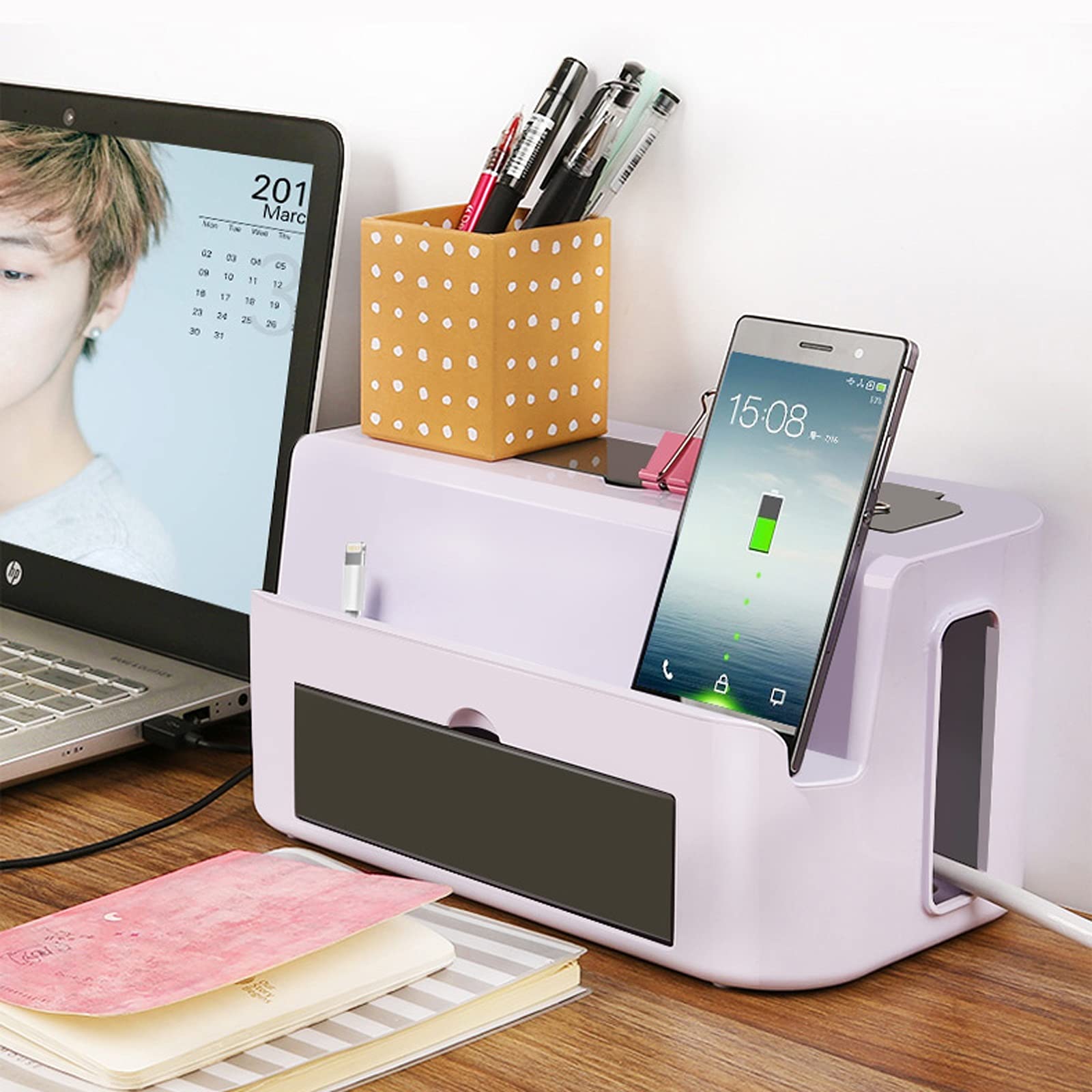 Kabelmanagement-Box Weiße Kabelaufbewahrungsbox Multifunktionale Kabelmanagement-Box zum Verstecken von Steckdosenleisten und Kabeln Kabel-Organizer mit Handy-Ladestation Kabelaufbewahrungsbox