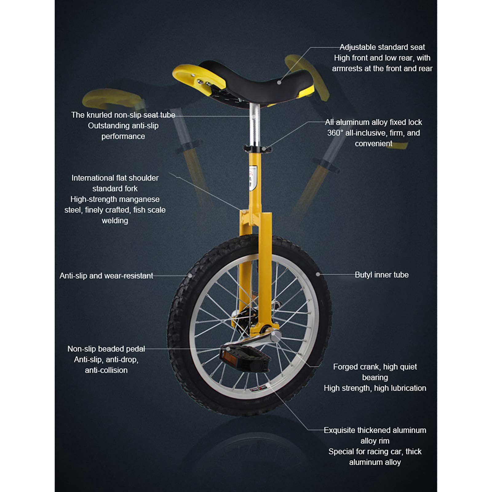 QWEASDF Monociclo, Monocicli, Unisex Heavy Duty Steel Frame e Lega a rotelle, 16-20″ Ruote, Antiscivolo, a Perfetta Tenuta, butile Pneumatico Ruota Bicicletta Sport Fitness Exercise Salute,Giallo,18″