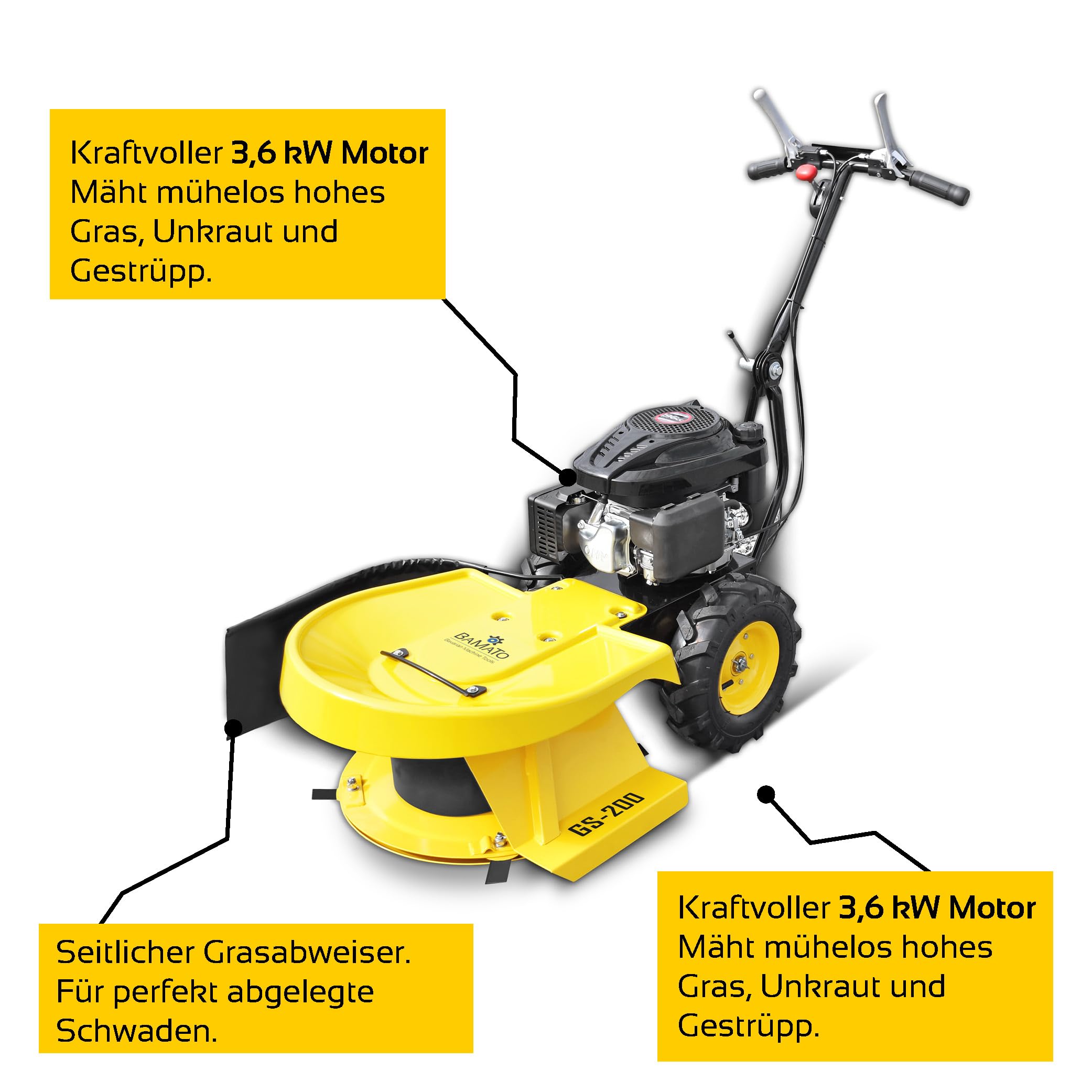 BAMATO Hochgrasschneider GS-200 Kreiselmäher Benzin | Kraftvoller LONCIN Motor mit Radantrieb | 4 Klingen | 580 mm Schnittbreite