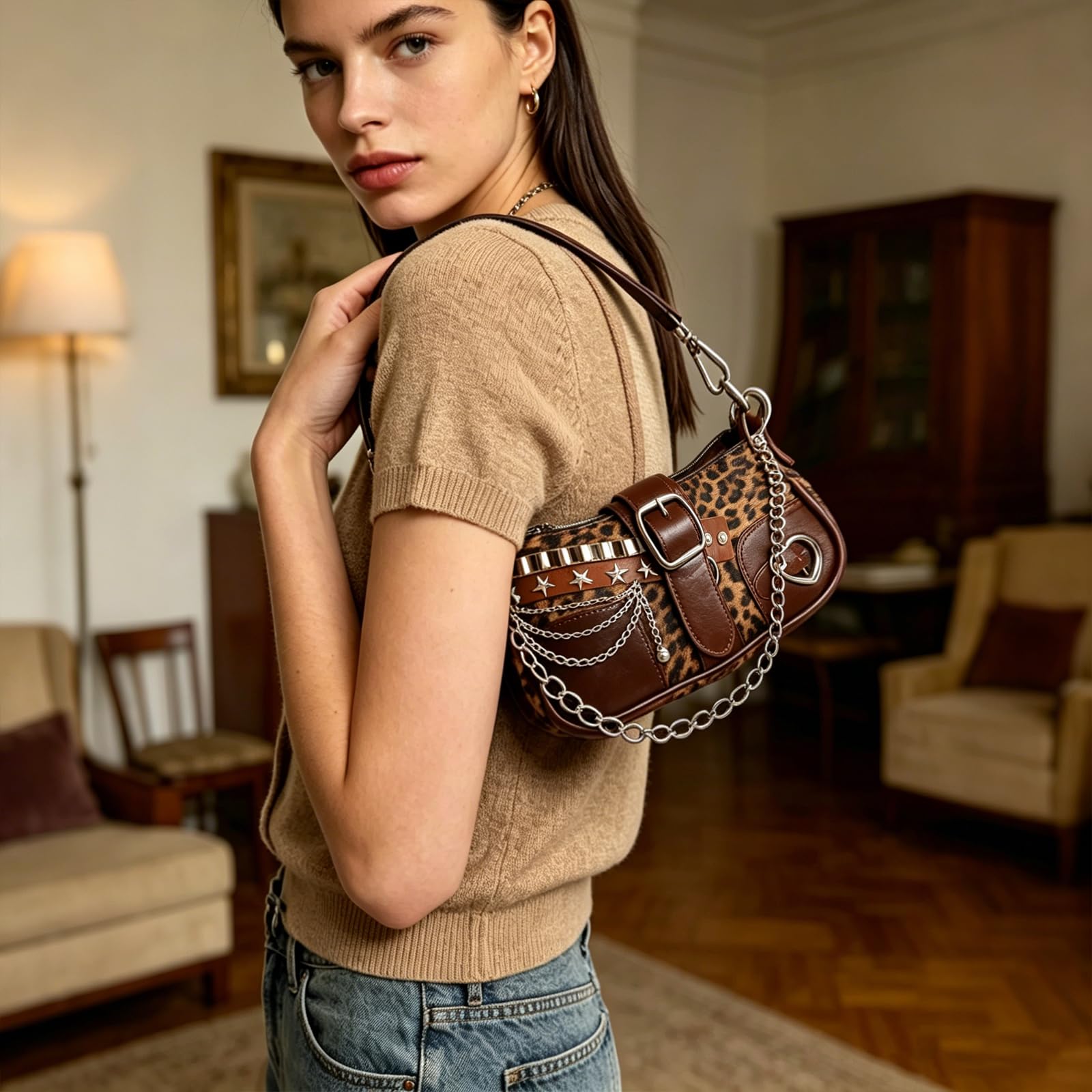 AfitLulu Mała damska torba na ramię z denimu, z łańcuszkiem na rękę i odpinanym paskiem na ramię, mała Y2k Fashion torba na ramię Hobo Bag z zamkiem błyskawicznym