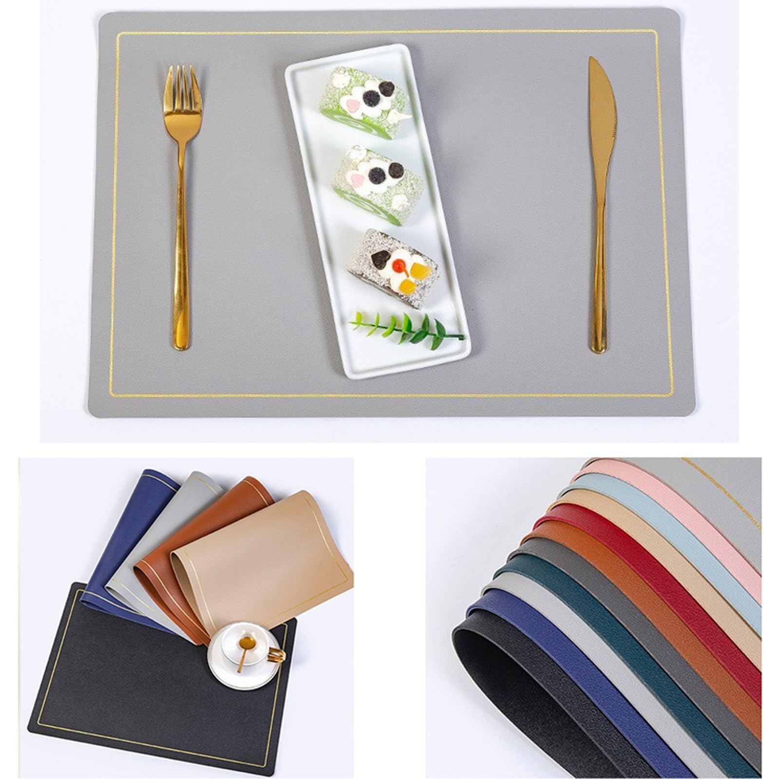 AMDXD Lot de 6 sets de table carrés - En cuir synthétique - Style bohème - Couleur unie - Lignes dorées - Résistants à la chaleur - Pour la maison, le restaurant - Gris clair - 30 x 43 cm