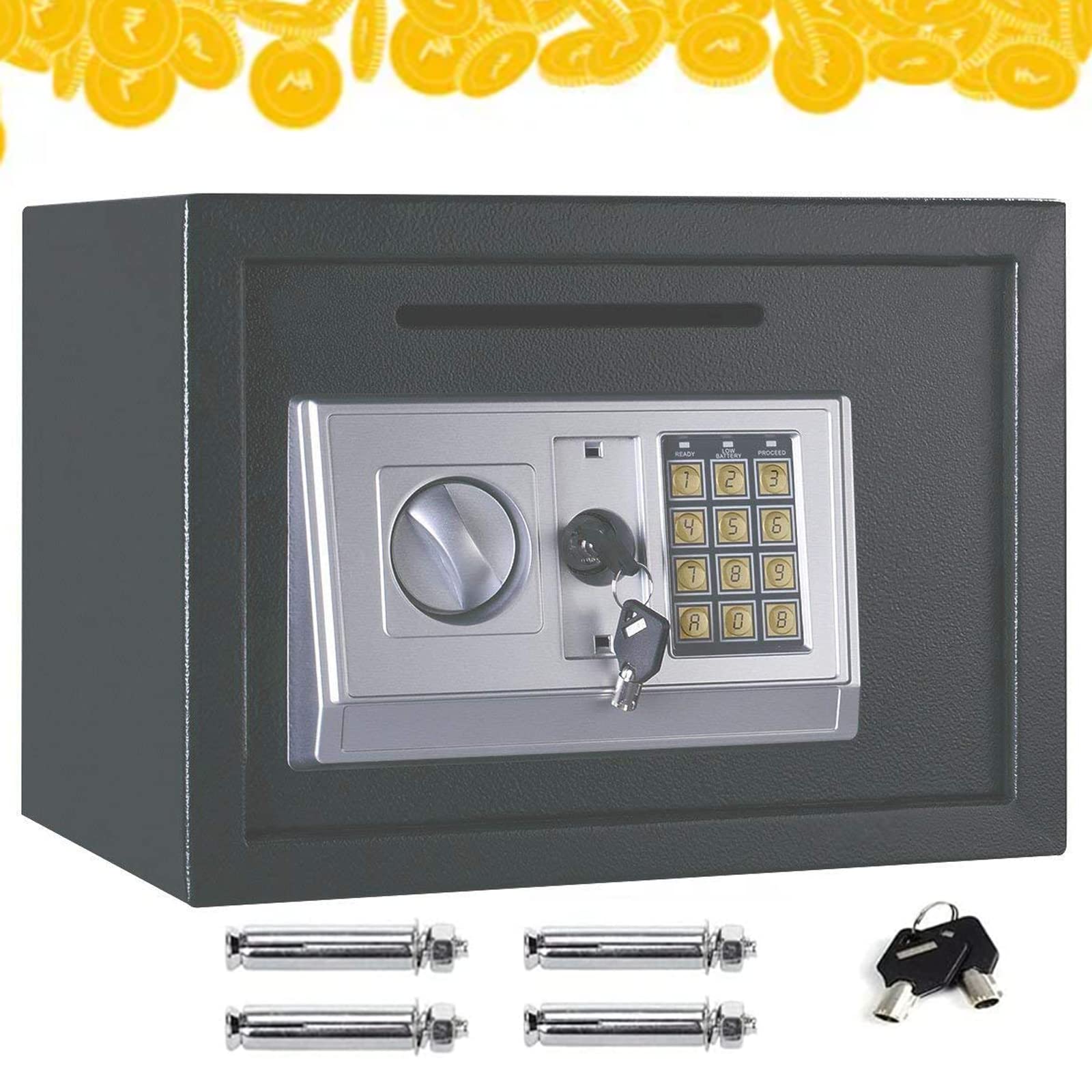 VickyHome Key Safe Wall Mounted Safe Box with Code, 16L Anti-Theft Money Cash Box Cash Boxes with Keys for Office or Home Use, Lockable Safety Deposit Box, 13.78"x9.84"x9.84", Grey