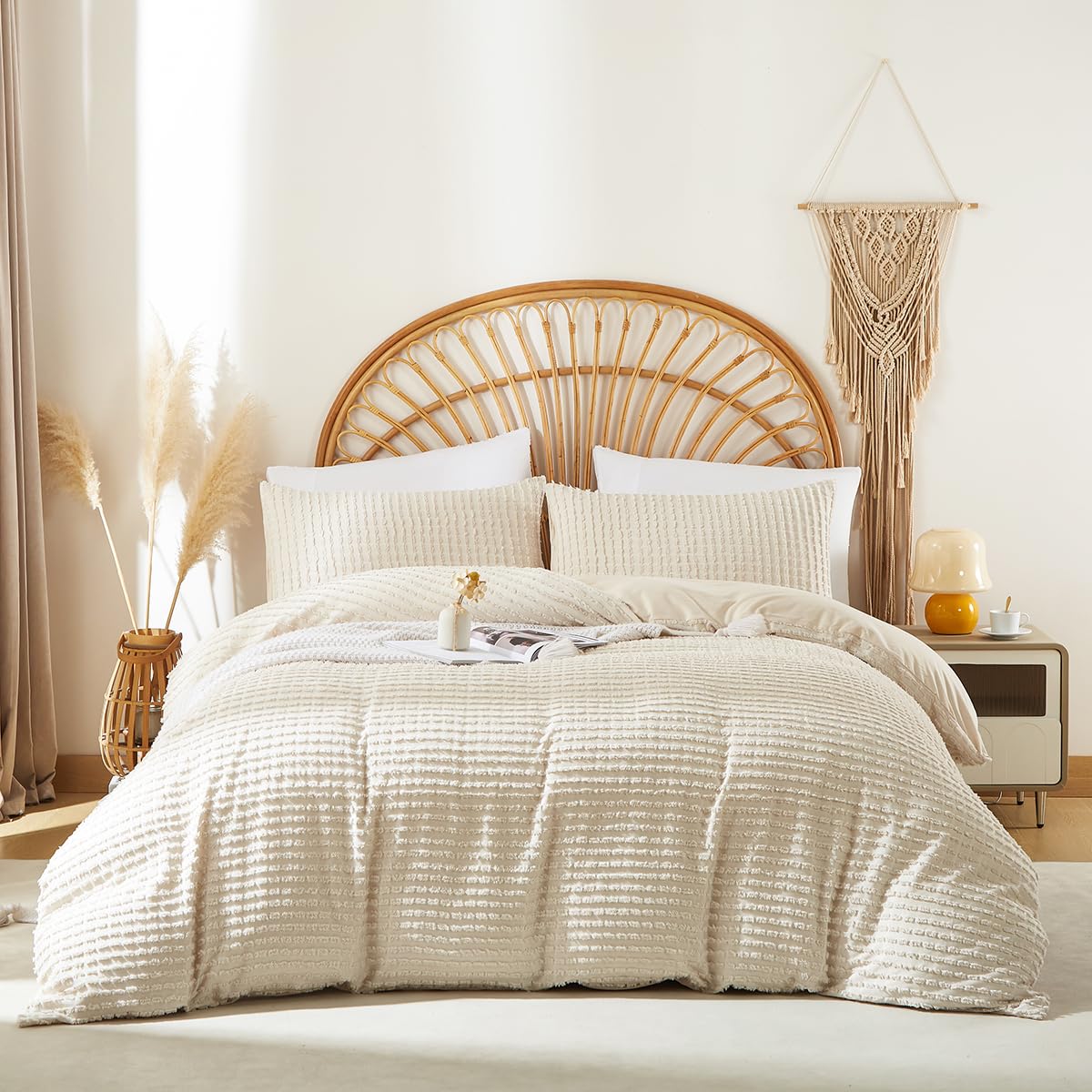 Covebett Bettwäsche 135x200 Beige Gestreift Boho Getuftet Streifen Wendebettwäsche Set Uni Bohemian Stickerei Shabby Chic Gewaschene Mikrofaser Bettbezug und Kissenbezug 80x80cm mit Reißverschluss