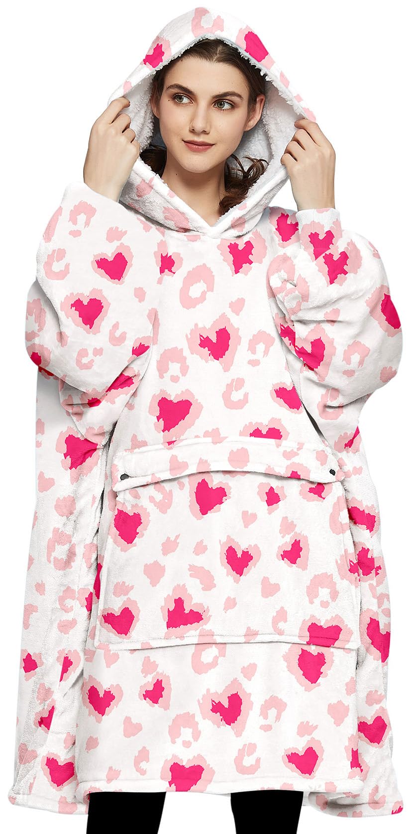 KFUBUO ウェアラブルブランケット パーカー 大人用 シェルパ 全パターン ハート オーバーサイズ パーカー スウェットシャツ ブランケット ポケット付き バレンタインギフト, ハート, Adult
