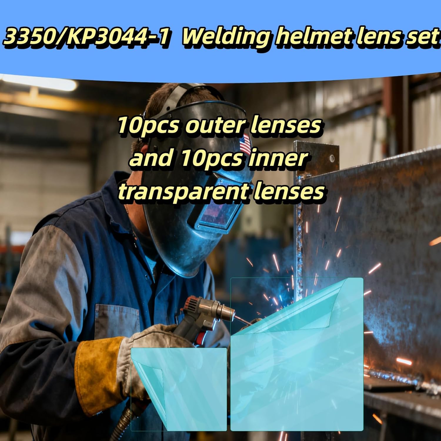 3350 Series welding helmet transparent lenses, 20Pcs Inside Outside Helmet Hood Replacement Clear Cover Len 3.7" x 3.5" x0 .04", 4.5" x 5.25" x 0.04"