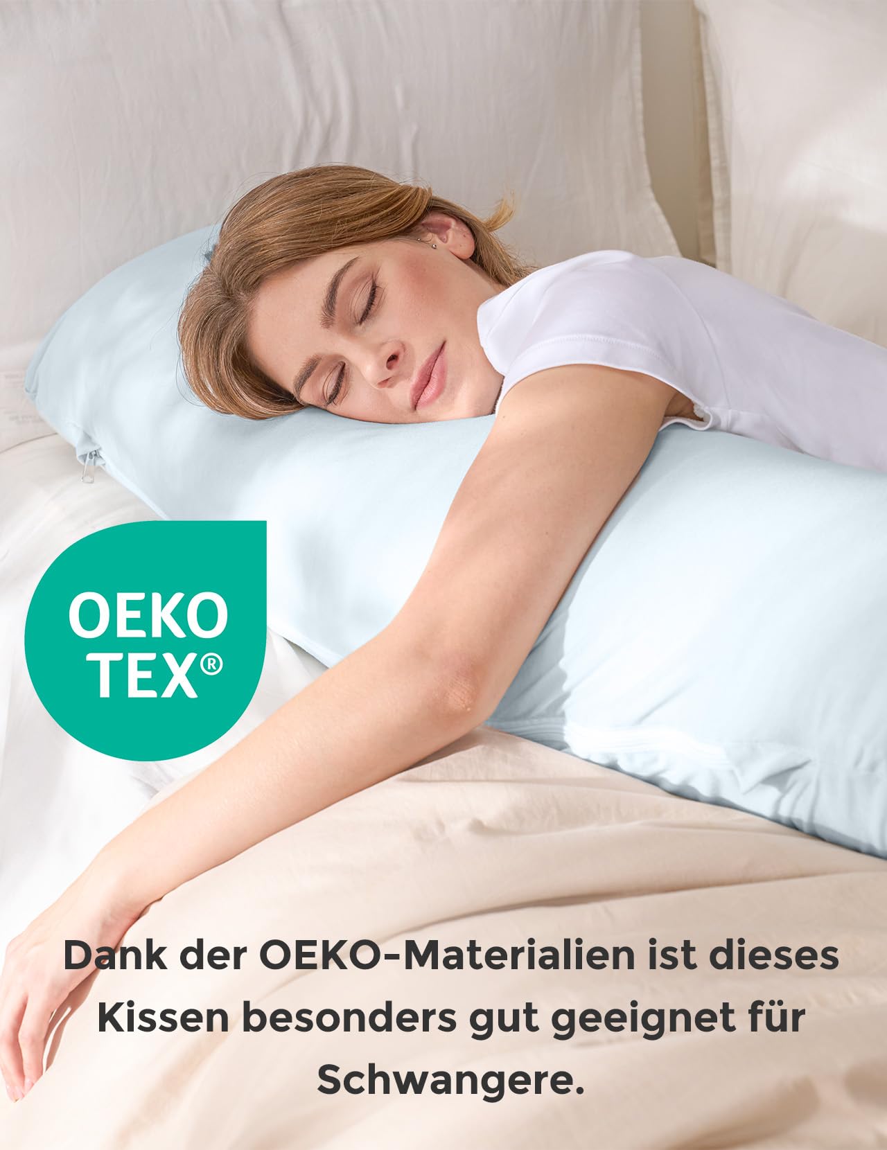 Momcozy J-förmiges Seitenschläferkissen 119 x 43 cm – Oeko-TEX Schwangerschaftskissen & Stillkissen, weicher Bezug, Stütze für Bauch, Rücken und Beine, vielseitiges Körperkissen, maschinenwaschbar | Momcozy