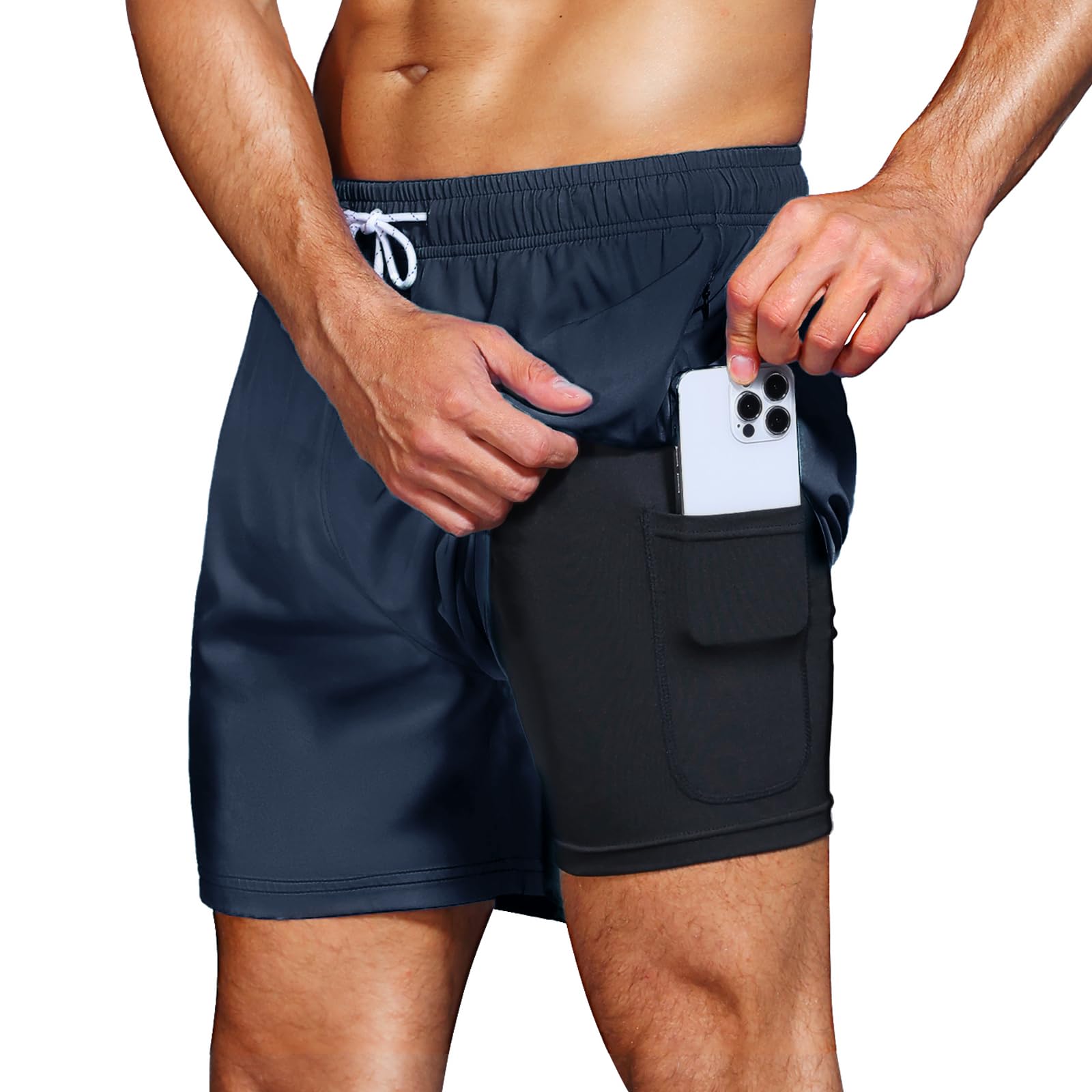 HMIYA Badehose Herren 2 in 1 Badeshorts Schwimmhose Schnelltrocknend Kurz Boardshorts mit Kompression und Reißverschlusstaschen
