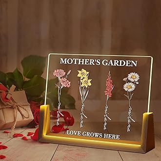 Ship Next Day Personalized Mother's Day Birthday Gifts for Mom, Customized Birth Month Flower Mothers Garden with Acrylic Light Up Picture Frame for Mom Wife Mother's Day Birthday Gifts from Daughter