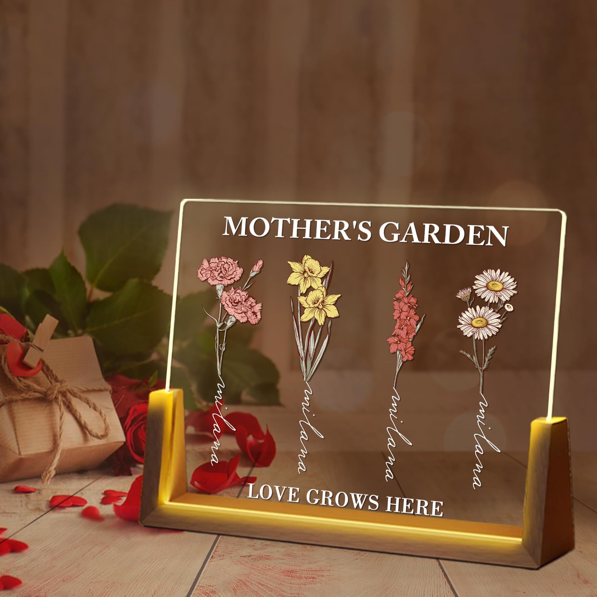 Personalized Mother's Day Birthday Gifts for Mom, Customized Birth Month Flower Mothers Garden with Acrylic Light Up Picture Frame for Mom Wife Mother's Day Birthday Gifts from Daughter