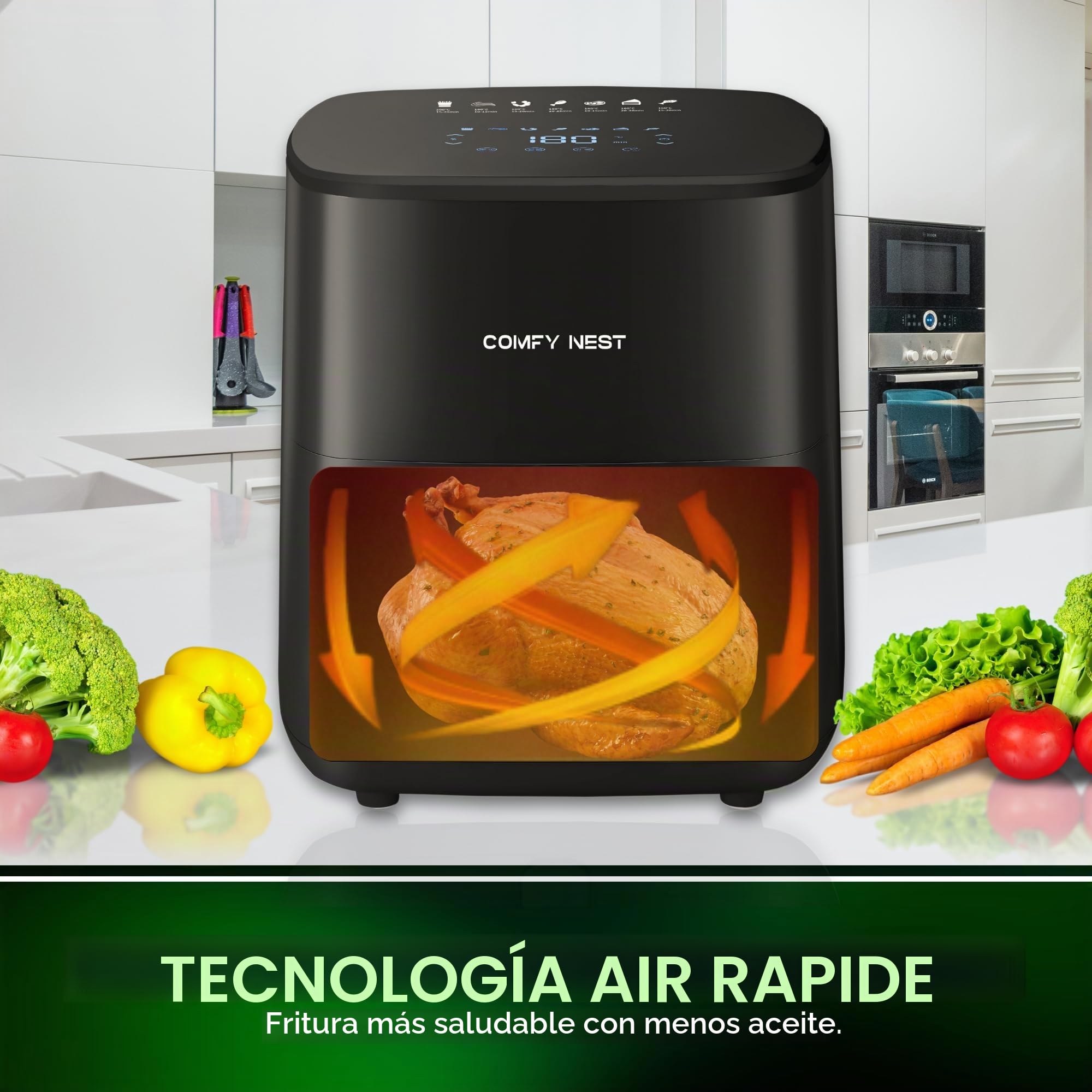 Comfy Nest, Freidora de Aire Caliente 5L con Pantalla Digital 1400W, Tecnología Rapid Air, 10 Programas Preestablecidos, Control de Temperatura 80-200°C, Negra, Cocina Sana y Cómoda, Freidora de Aire