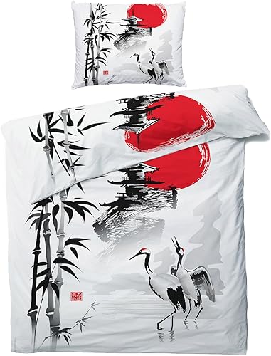Funda de edredón japonesa tamaño individual  Juego de cama de grúa japonesa  2 piezas  Funda de edredón con patrón de microfibra suave con lazos de