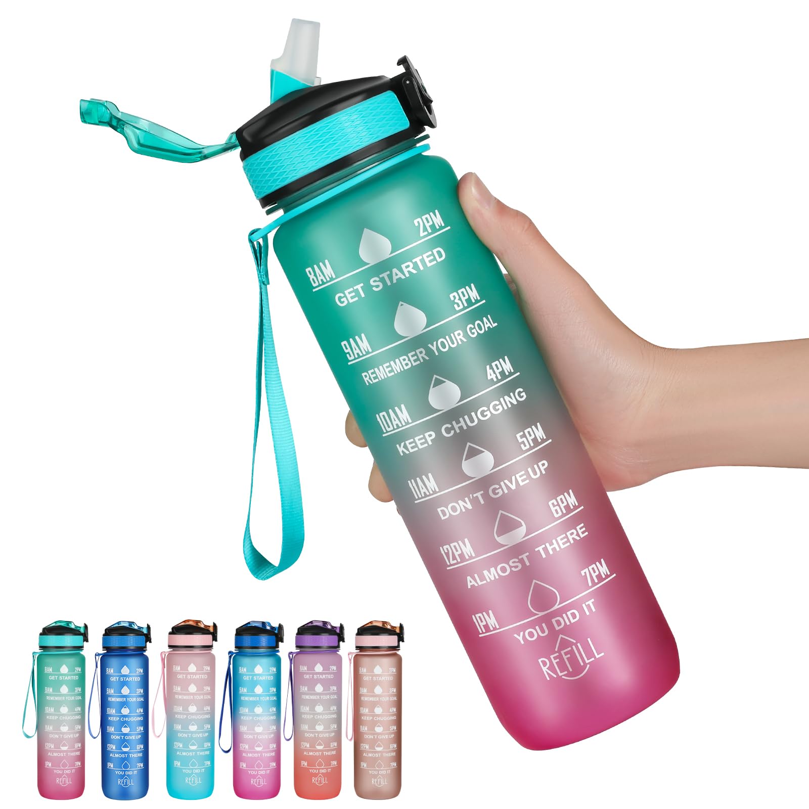 ZODZE Water Bottles with Times to Drink and Straw, Motivational Water Bottle with Time Marker, Leakproof & BPA Free, Drinking Sports Water Bottle for Fitness, Gym & Outdoor, 1000 Ml (Mutlicolor)