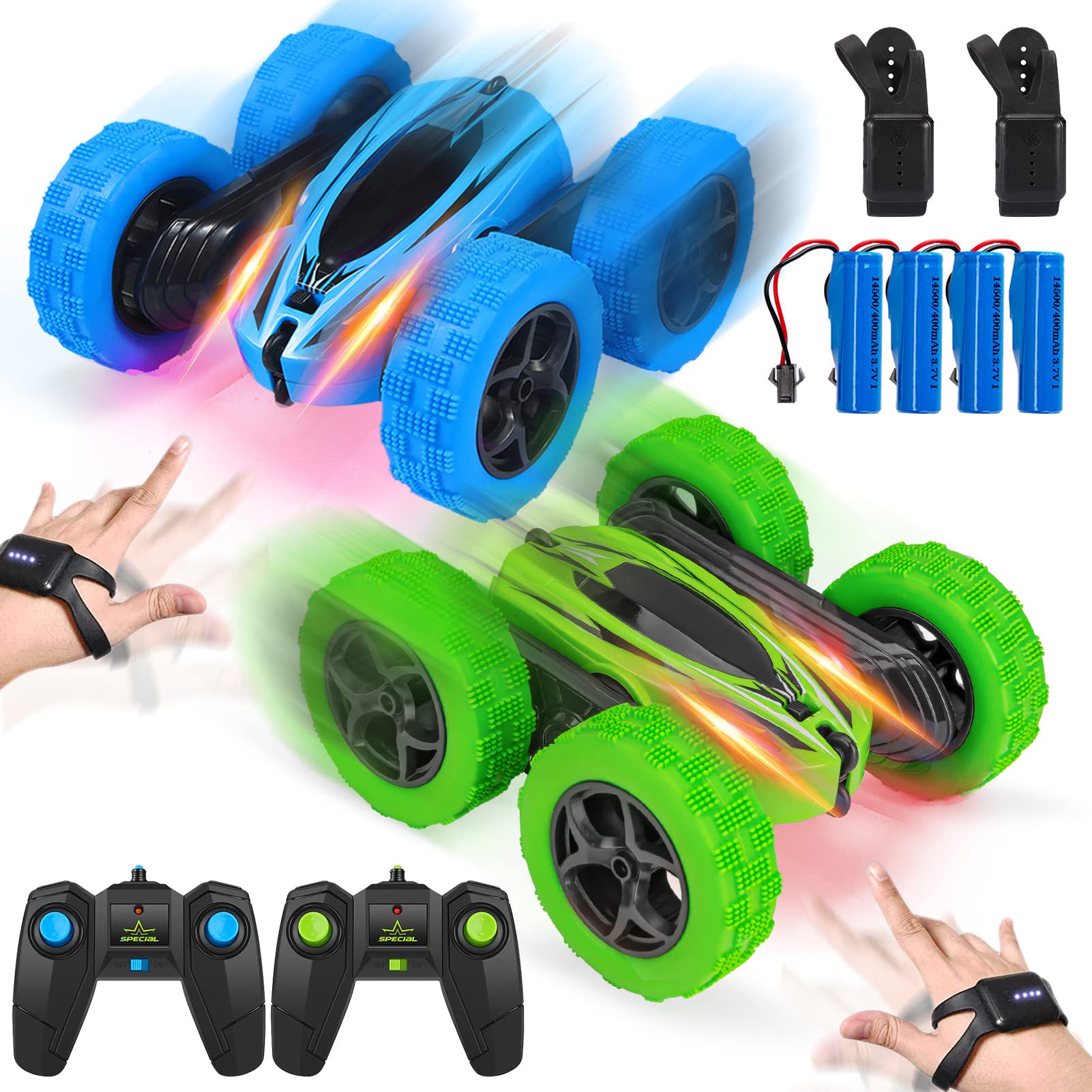 ThinkMax Remote Control Car,2.4Ghz 360Double Side Flips RC Stunt Car Toy Gift,Gesture Sensing Drift RC Car for Kids Aged 6-14(BLUE) (blue+green)