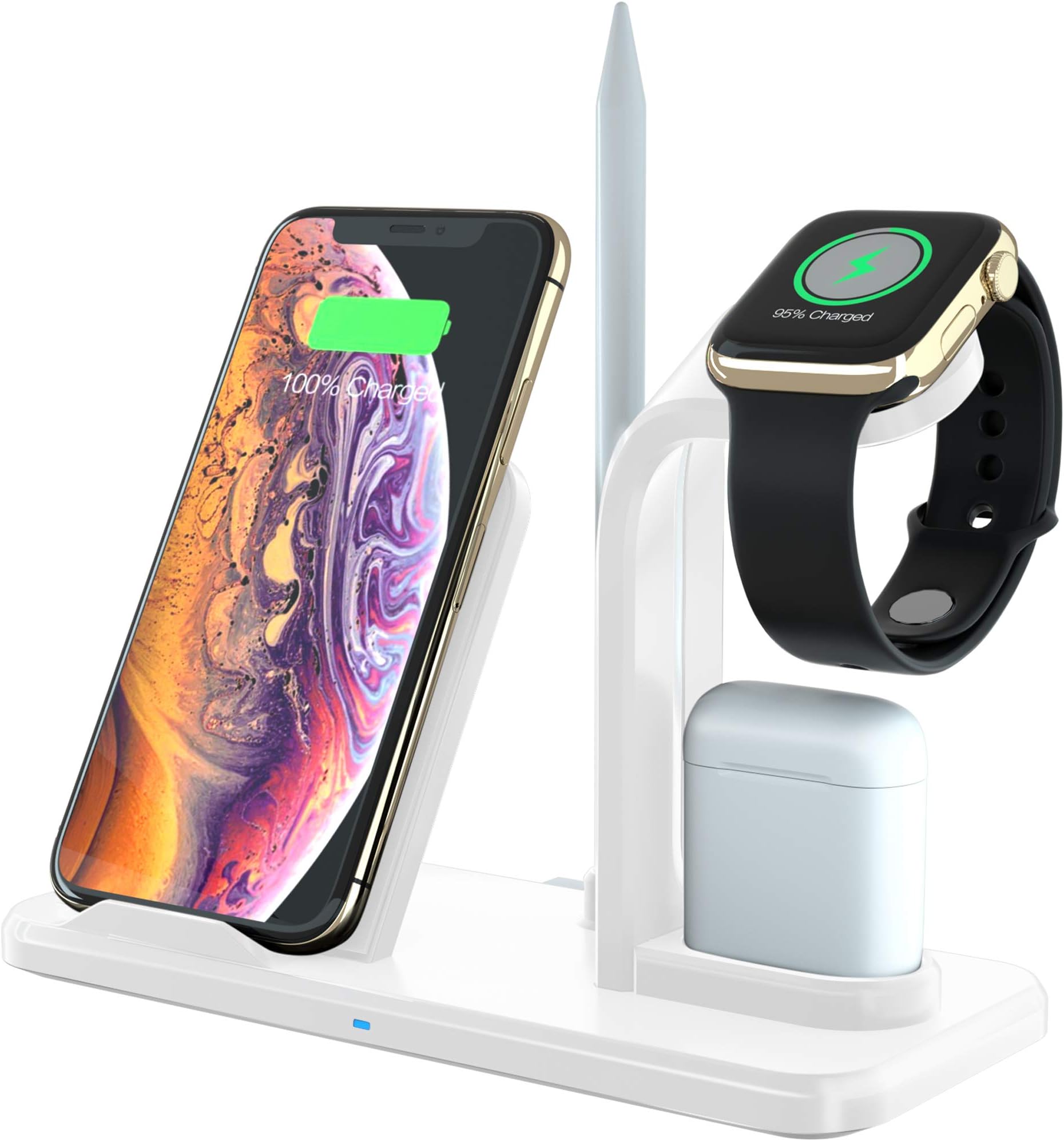 4 in 1 Wireless Charging Station; Upgraded for Airpods Pro; Compatible to iWatch 5 Original Charger; Fast Wireless Phone Charger Stand for iPhone, Samsung Phones and Other Qi Wireless Devices