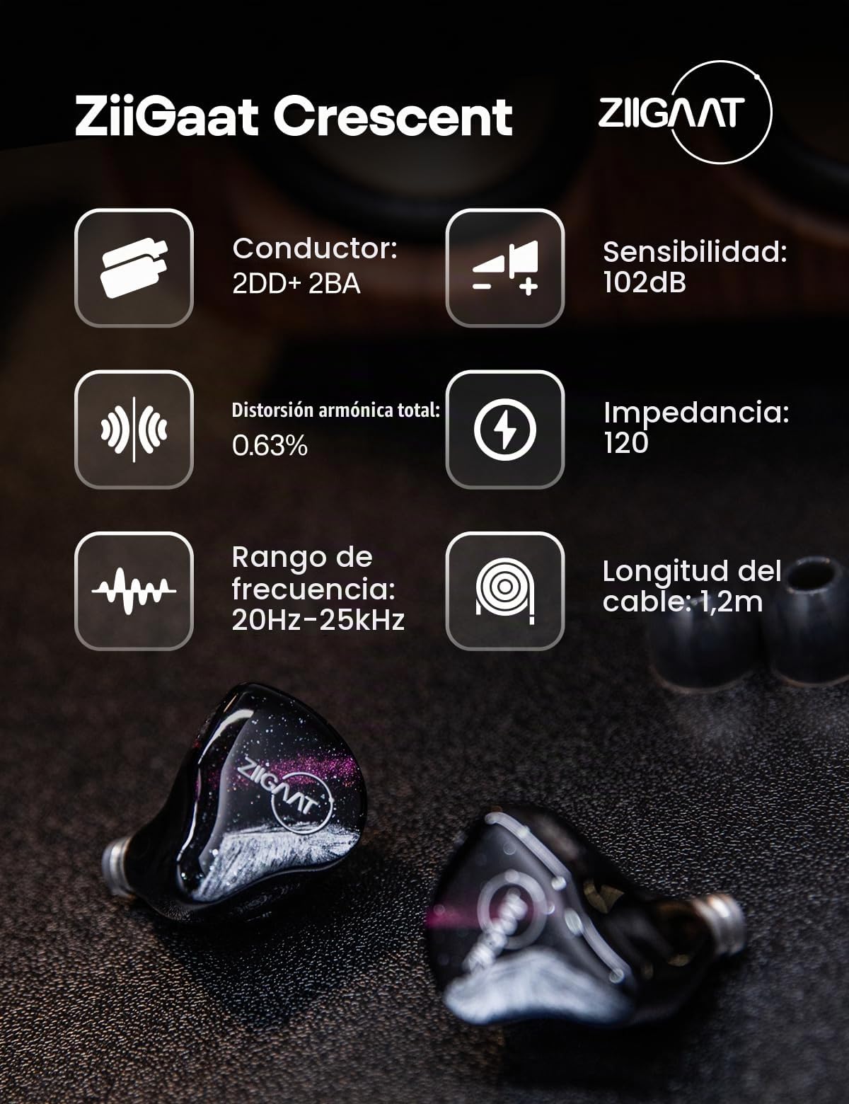 Linsoul ZiiGaat Crescent in Ear Monitor,Auriculares IEM Híbridos Premium 2DD+2BA,Graves Isobáricos,Sonido Analógico Vintage,Carcasa de Resina Impresa en 3D,con Cable Desmontable para Músicos/Estudio