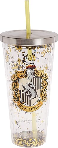 Spoontiques Harry Potter - Vaso con brillantina, pajilla y diseño de Hufflepuff, 20 onzas, acrílico, color amarillo