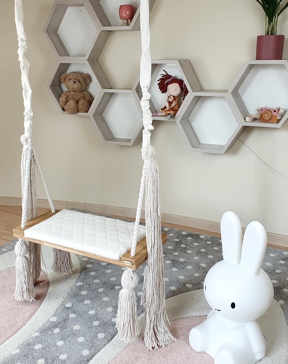 Huśtawka Bocianie Gniazdo - Siedzisko Huśtawki do Montażu Sufitowego, na Balkon, do Ogrodu i Salonu, Regulowana Wysokość, Miękki Welur, Wygodne Siedzisko, 58 x 25 x 4 cm, Ecru