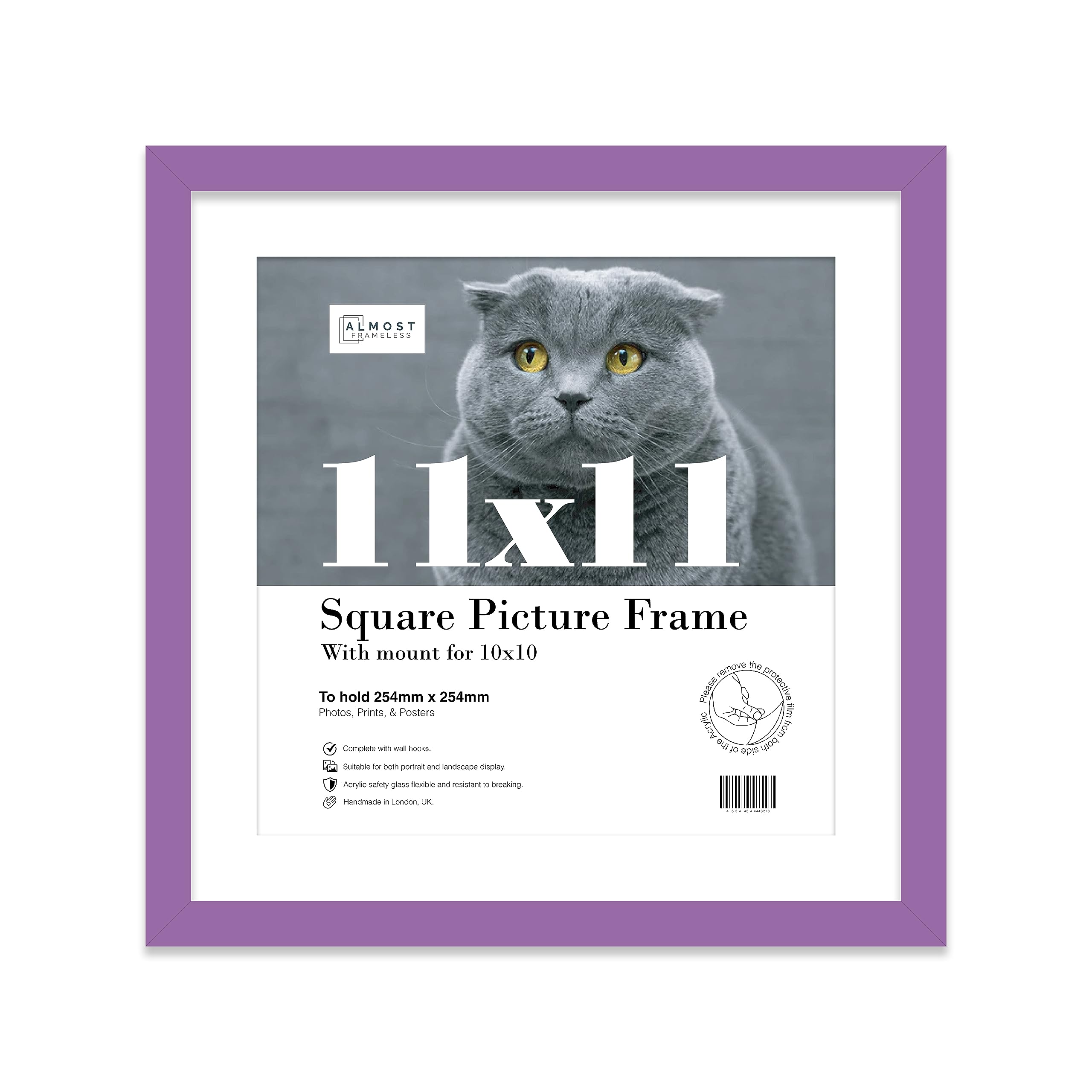 Almost Frameless 11x11 Picture Frame, Display Pictures 10x10 With Mat or 11x11 Without Mat, Wall Hanging Photo Frame, Purple, 1 Pack