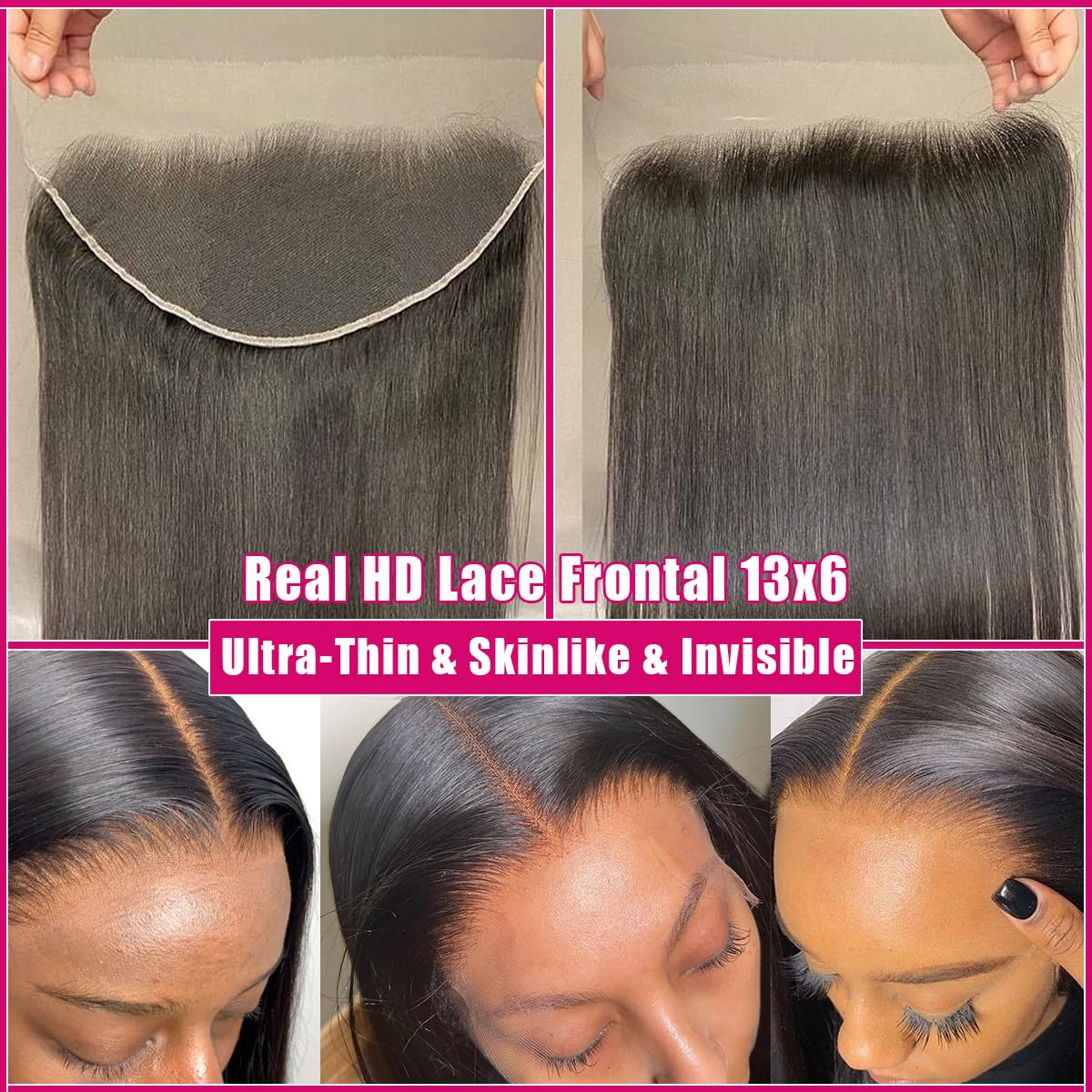 13x6 Real HD Lace Frontal, 0.11mm Ultra-Thin Skinlike Invisible Swiss HD Lace Frontal Pre Plucked with Baby Hair Brazilian Virgin Hair Ear to Ear 13x6 Lace Frontal Human Hair 20 Inch