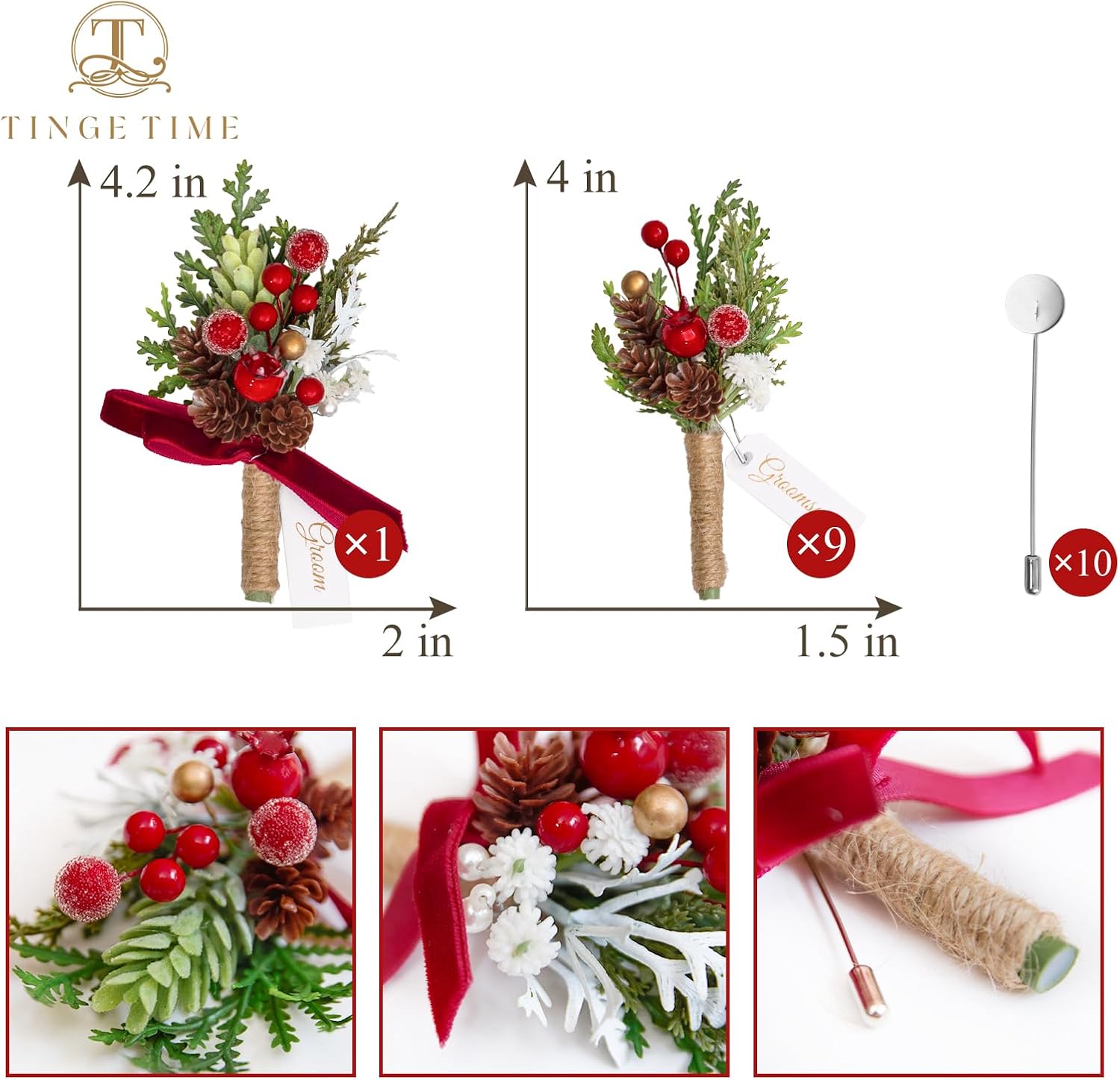 TINGE TIME Boutonniere for Men, Groom and Best Man Boutonniere for Wedding Ceremony Anniversary, Formal Dinner Party and Rustic Xmas Wedding Marriage (Christmas Red) - Image 3