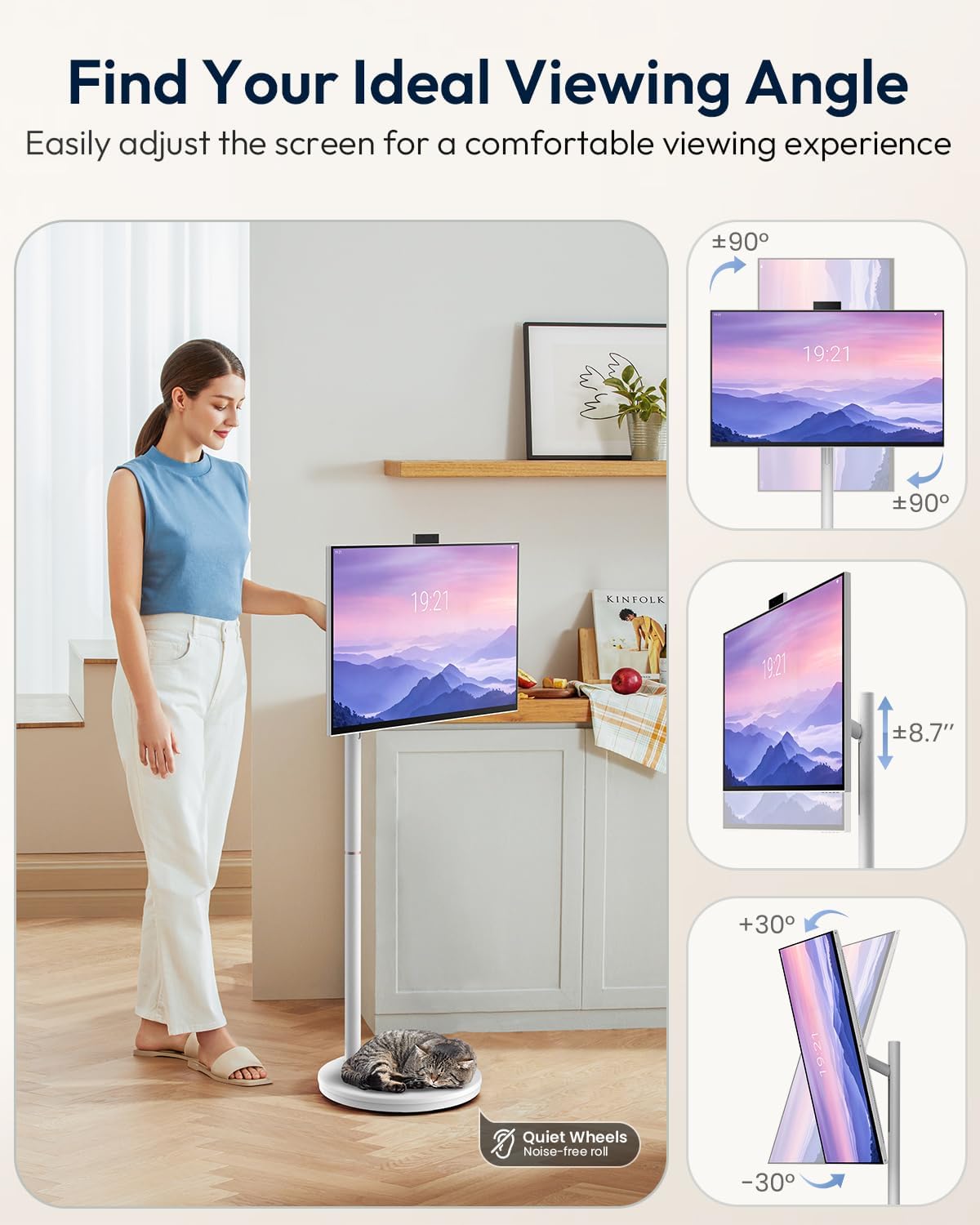 MESWAO 32 Inch Portable Smart TV on Wheels, Widevine L1 for Netflix HD, 12800mAh Battery, Android Rolling TV with 8GB RAM 128GB ROM, 1080P FHD Touch Screen Mobile Screen with Pop-up Privacy Camera