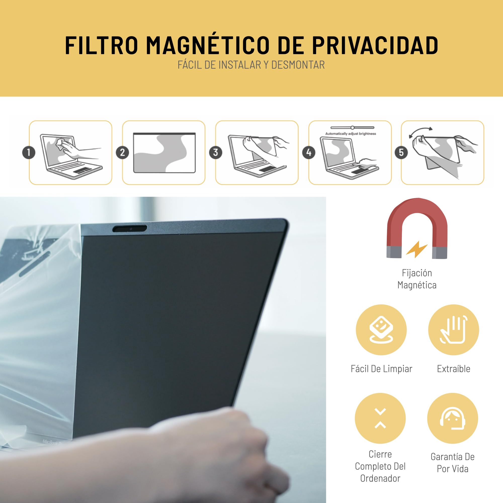 VistaProtect - Filtro de Privacidad Premium y Filtro Anti-Luz Azul. Protector de Pantalla Magnético. Compatible con Apple MacBook Air 15 M1/M3/M4/M5 (15.3" - 2022+)