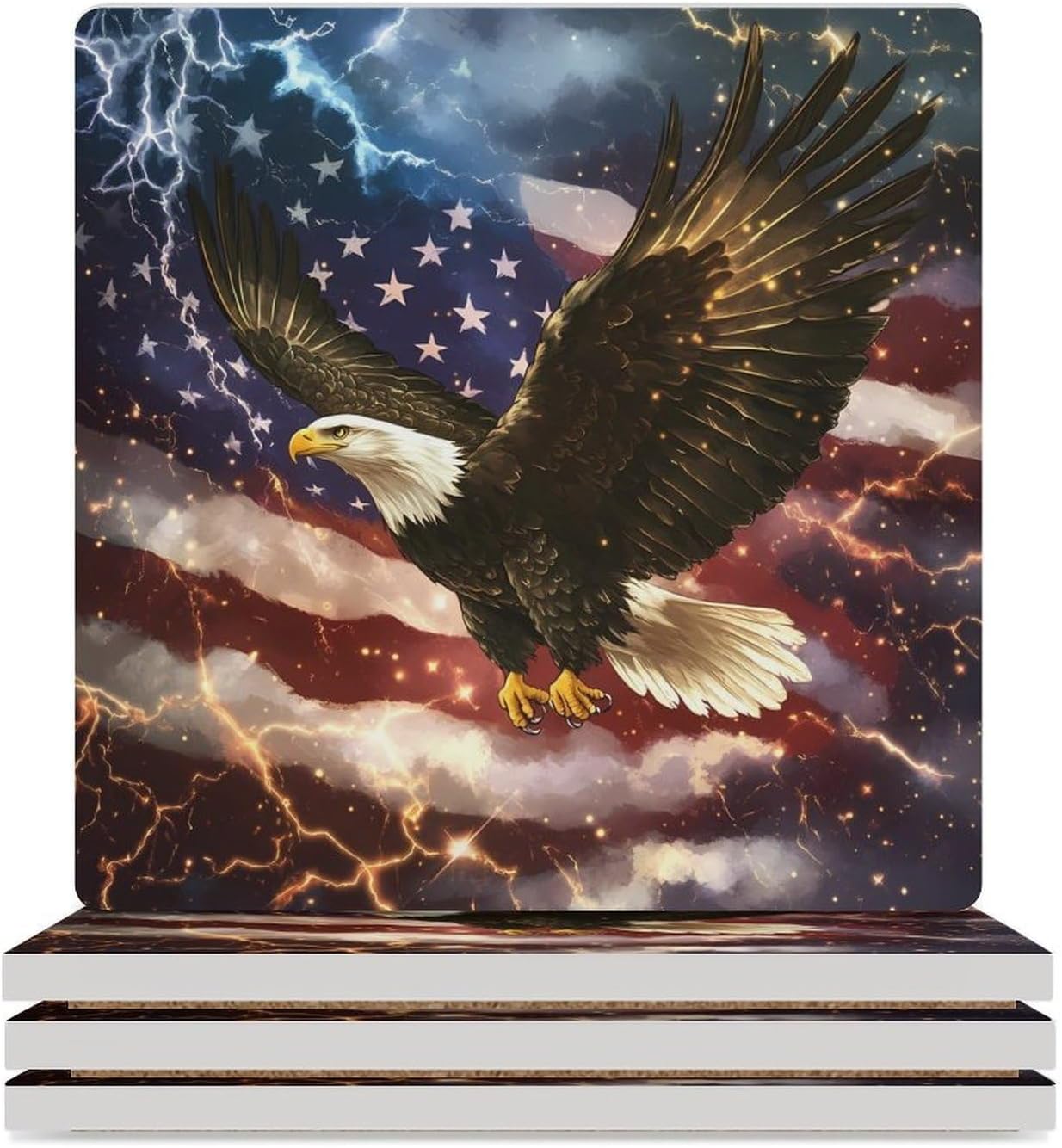 U.S Flag Bald Ea-gles Ceramic Coasters Square Drinks Coaster Coffee Table Decor Table Coaster for Home Bar