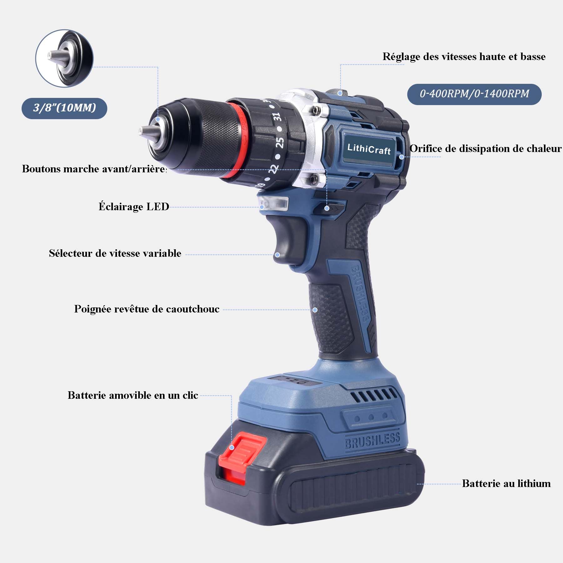 Perceuse Visseuse à Percussion sans Fil 21V sans Balais, 45Nm, Mandrin 10mm, 2 Batteries 2.0Ah, 35+3 Réglages de Couple, avec Coffret & 24 Accessoires