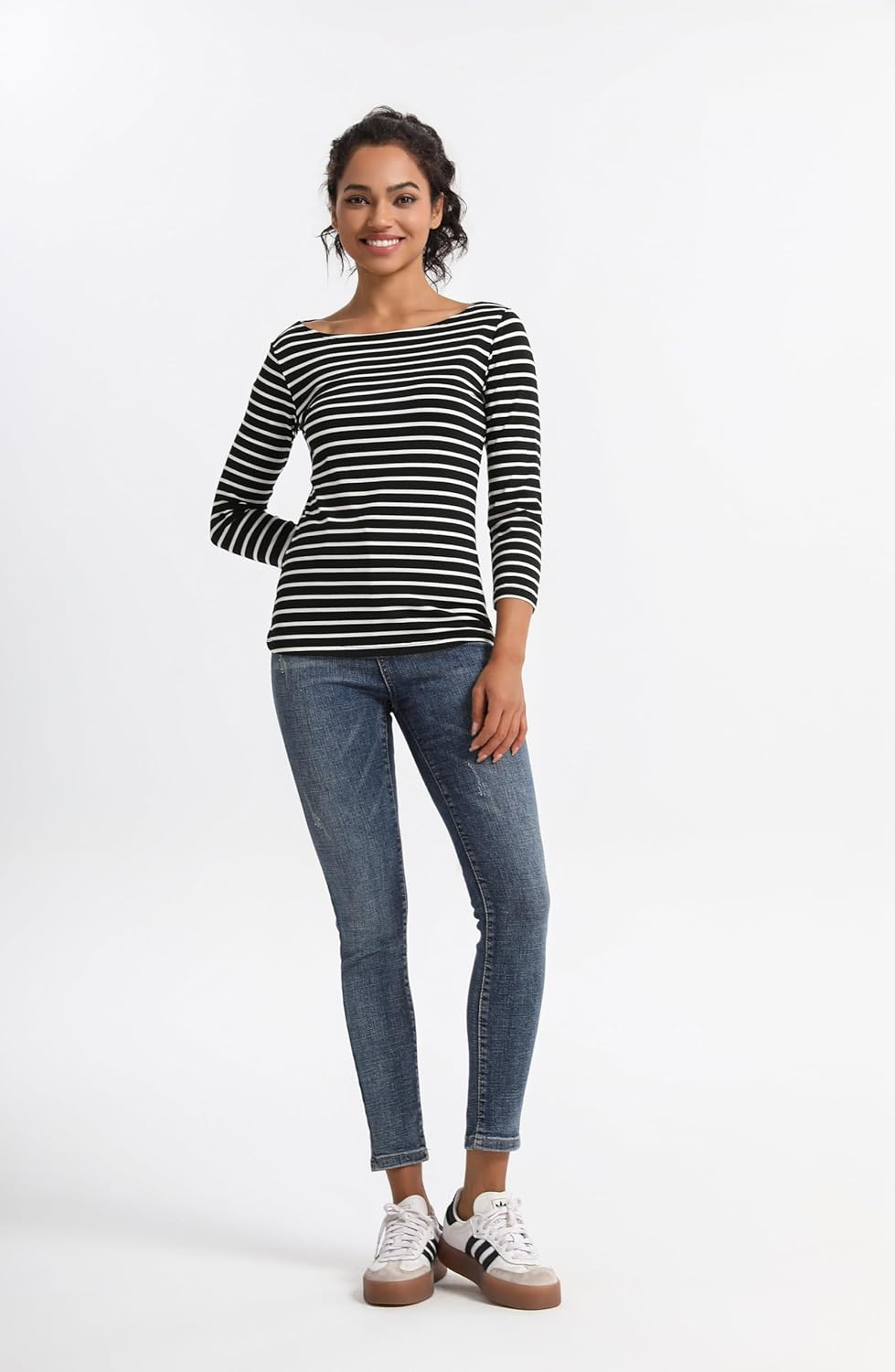 Women's Slim Fit 3/4 Sleeve Boat Neck Striped T-Shirt - Image 6