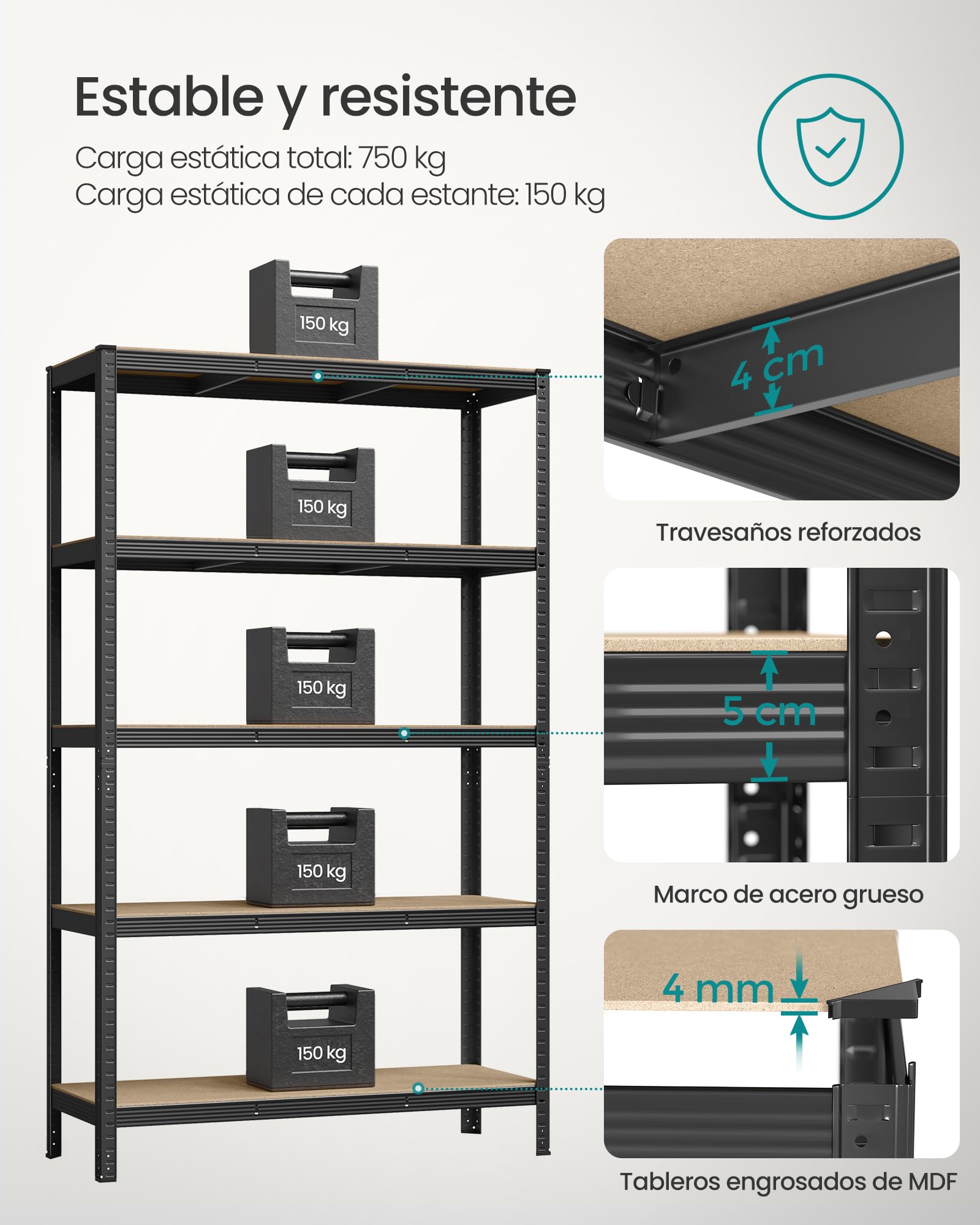 SONGMICS Estantería Pesada de 5 Niveles, Estantería de Acero, Montaje Rápido, Garaje, Almacén, Trastero, Carga de 750 kg, 60 x 120 x 200 cm, Negro GLR060B01