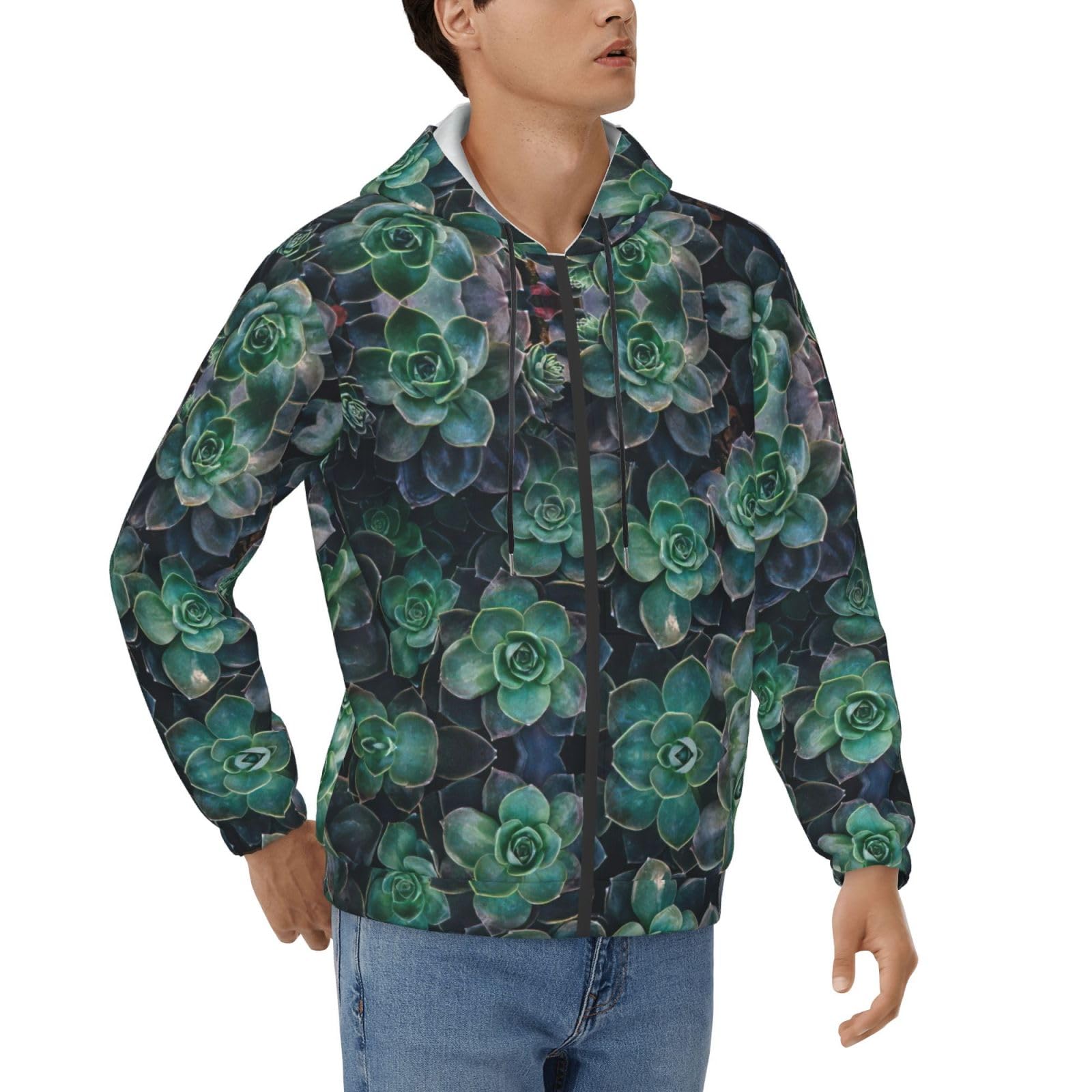 Sweat à capuche imprimé succulentes pour homme avec manches longues ajustables - 8