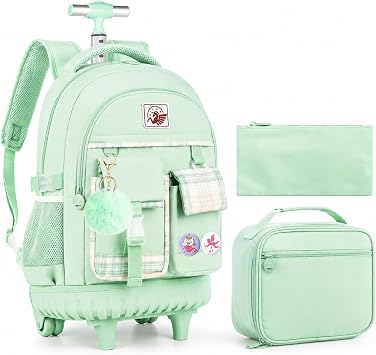 AGSDON Rolling Backpack for Girls, 21" Women Roller Wheels Bookbag, Laptop Wheeled Suitcase School Backpacks with Lunch Bag for Teens