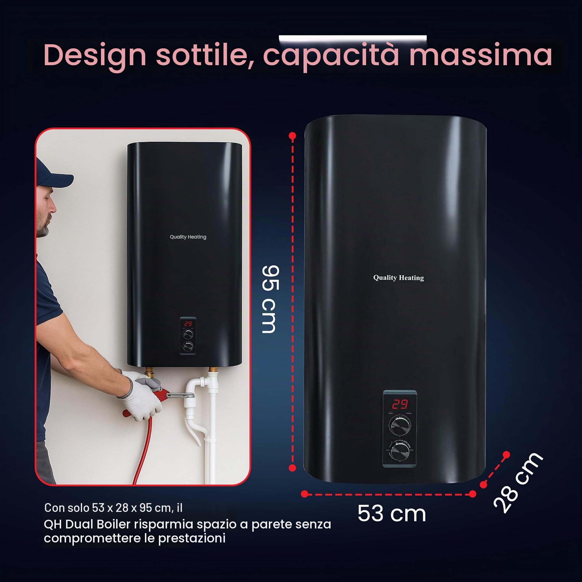 scaldabagno elettrico 30 L, 1500 W, controllo digitale, valvola di sicurezza inclusa, installazione a parete, efficiente, boiler elettrico bianco