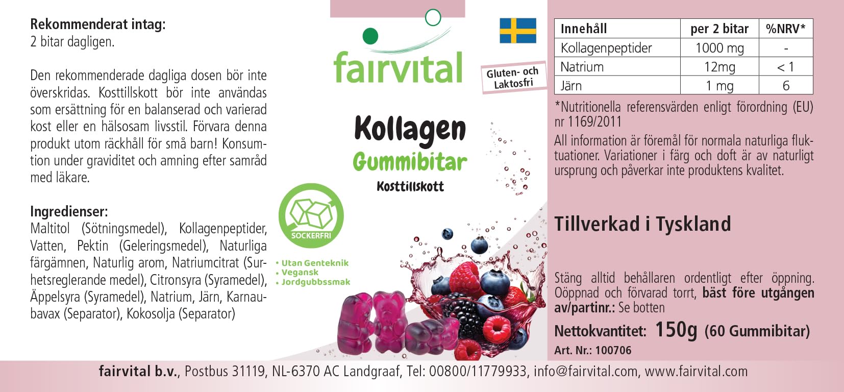 Fairvital | Żelki kolagenowe – 60 sztuk – 1000mg w dziennej dawce – z sodem i żelazem – wysoka dawka – bez cukru – sprawdzona jakość i wysoka dawka – wyprodukowane w Niemczech