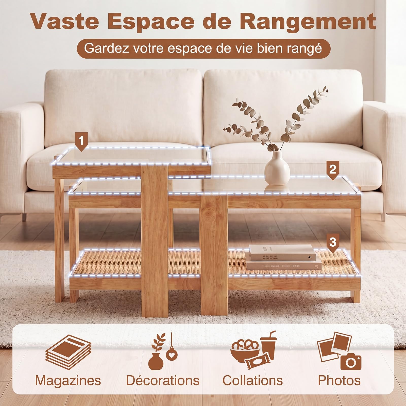 COSTWAY Tables Basses Gigognes en Verre et Bois, Table Basse Transparente