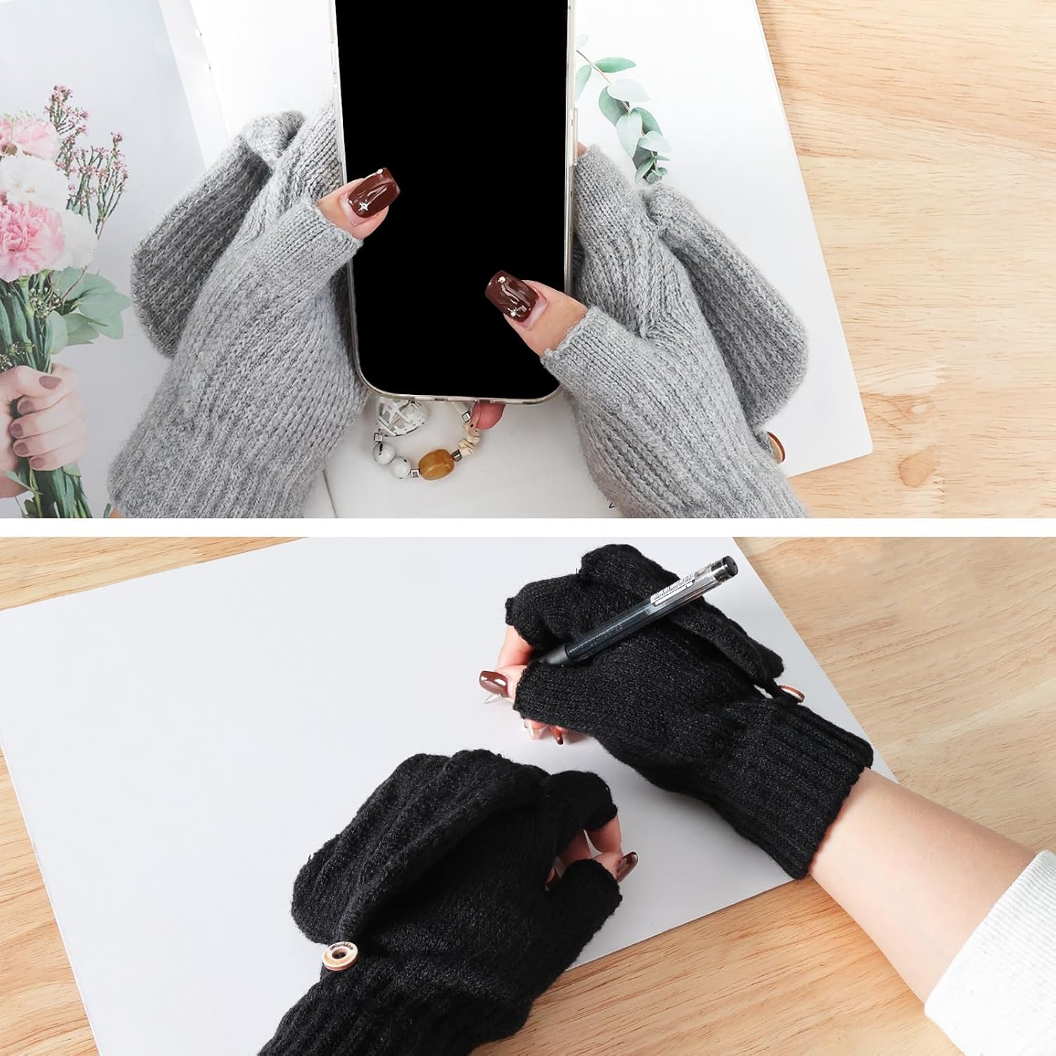 2 Pairs Convertible Fingerless Mittens Gloves Winter Warm Knitted Gloves for Women With Mittens Cover Cap - Image 4